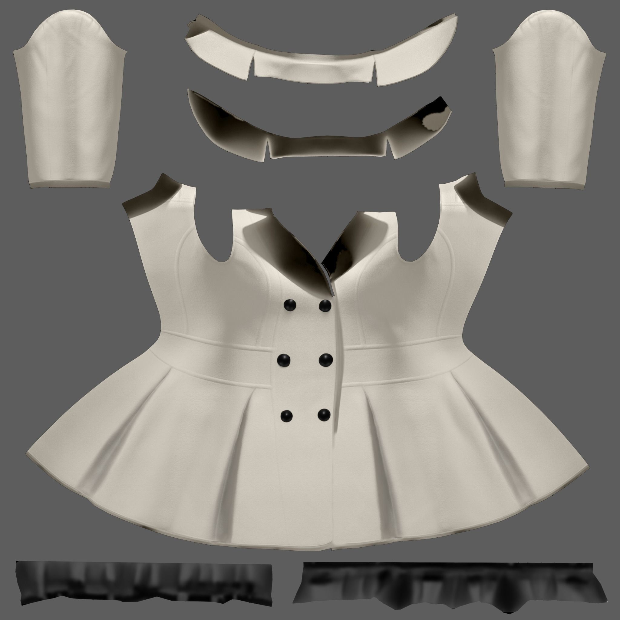 Elegant Buttoned Cream White Winter Coat With Tulle Trim Bottom Low-poly 3D model_9