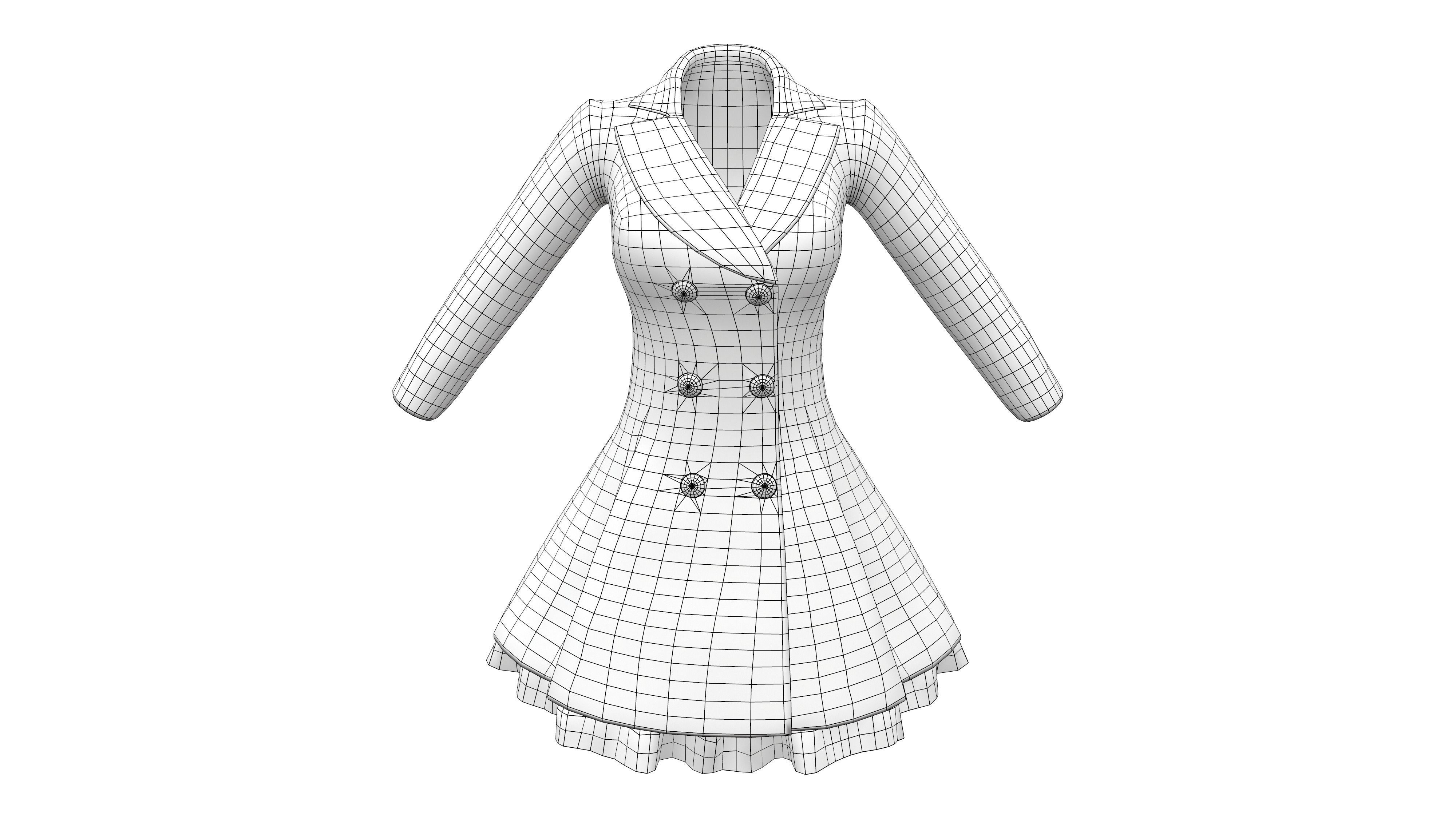 Elegant Buttoned Cream White Winter Coat With Tulle Trim Bottom Low-poly 3D model_6