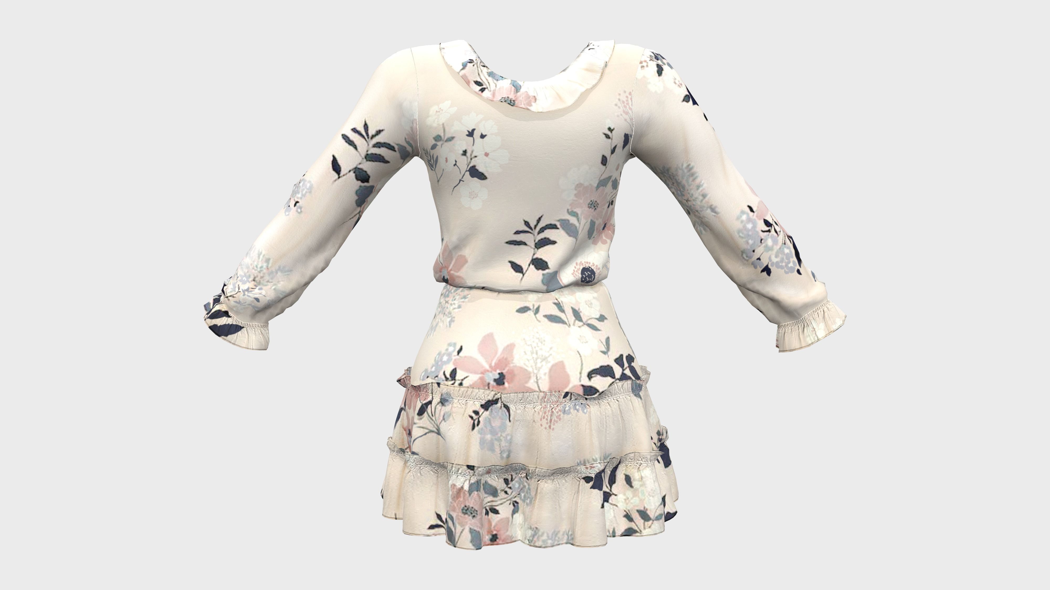 Ruffled Wrap Midi Dress Low-poly 3D model_6