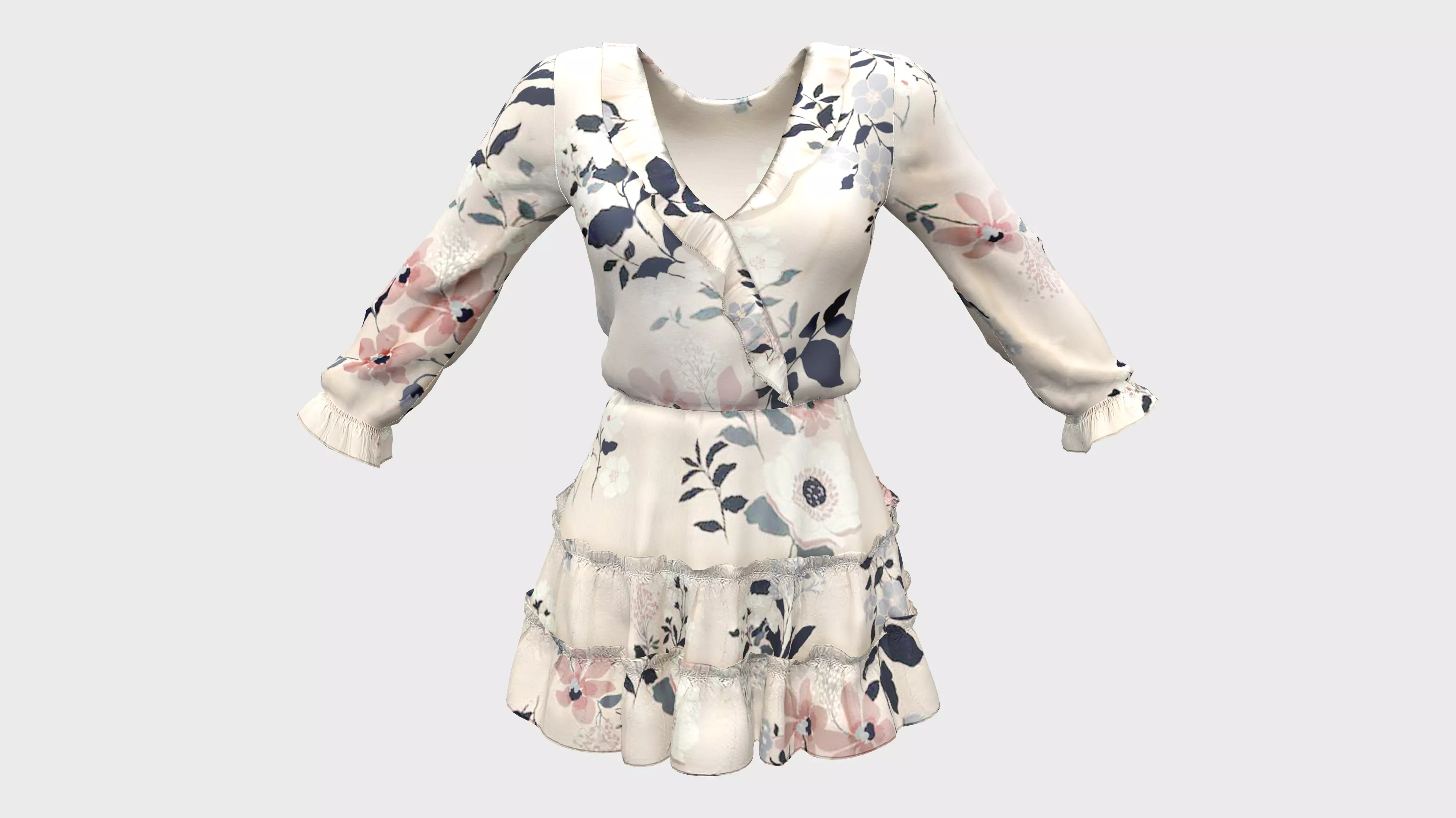 Ruffled Wrap Midi Dress Low-poly 3D model_0
