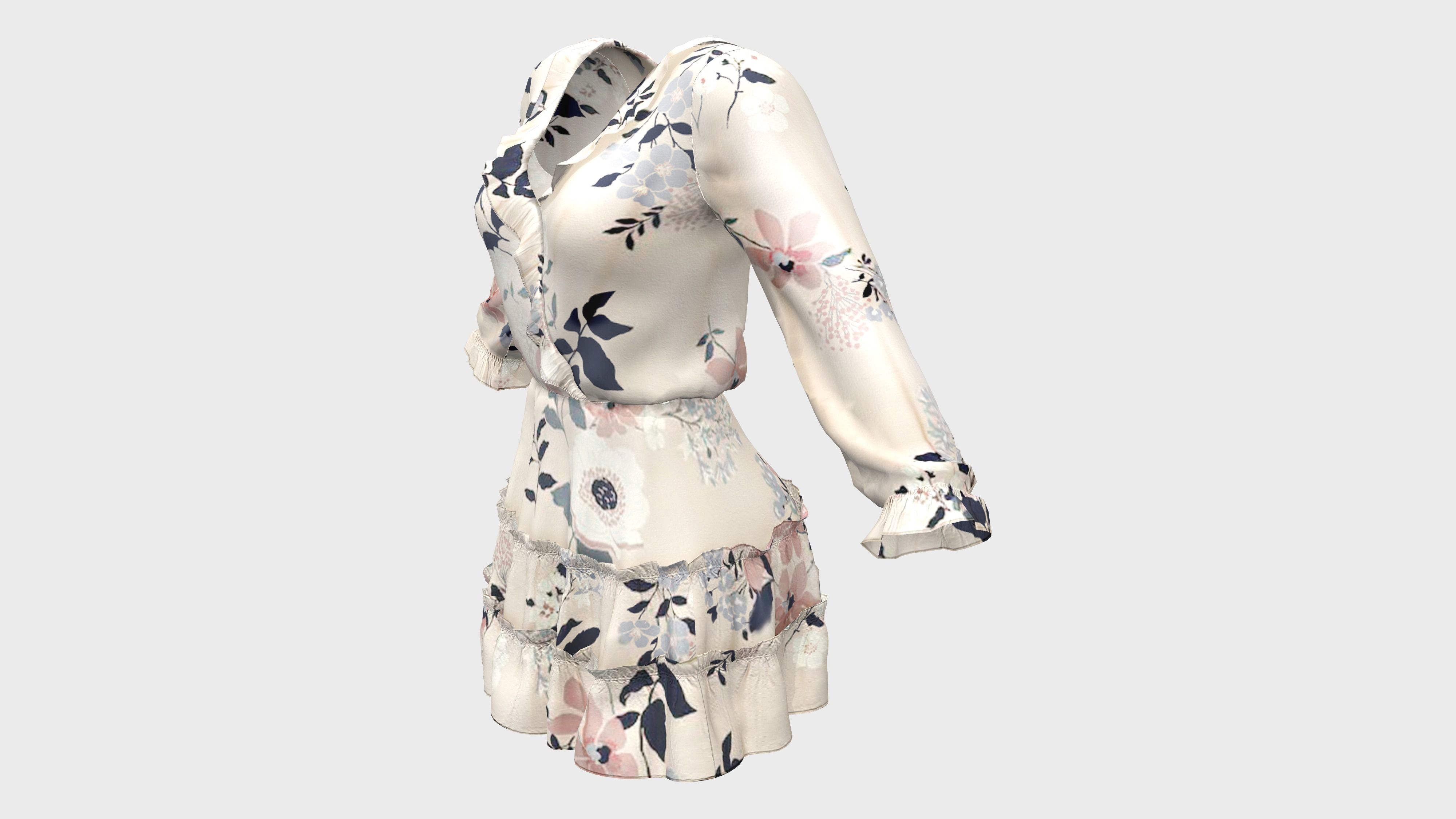 Ruffled Wrap Midi Dress Low-poly 3D model_4