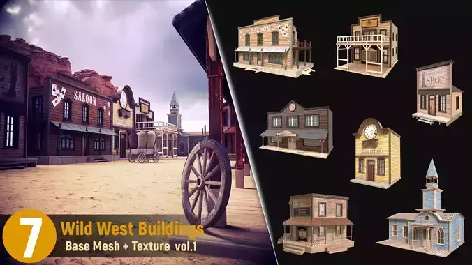 7 Wild West Buildings Base Mesh and Texture   vol 01 Low-poly 3D model