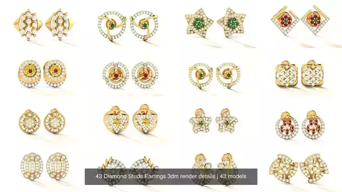 43 Diamond Studs Earrings 3dm render details 3D Model Collection