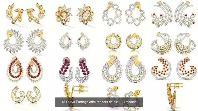 13 Curve Earrings 3dm renders details 3D Model Collection
