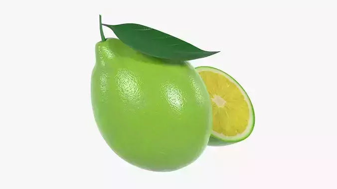 Fresh lemon with slice and leaf green 3D model