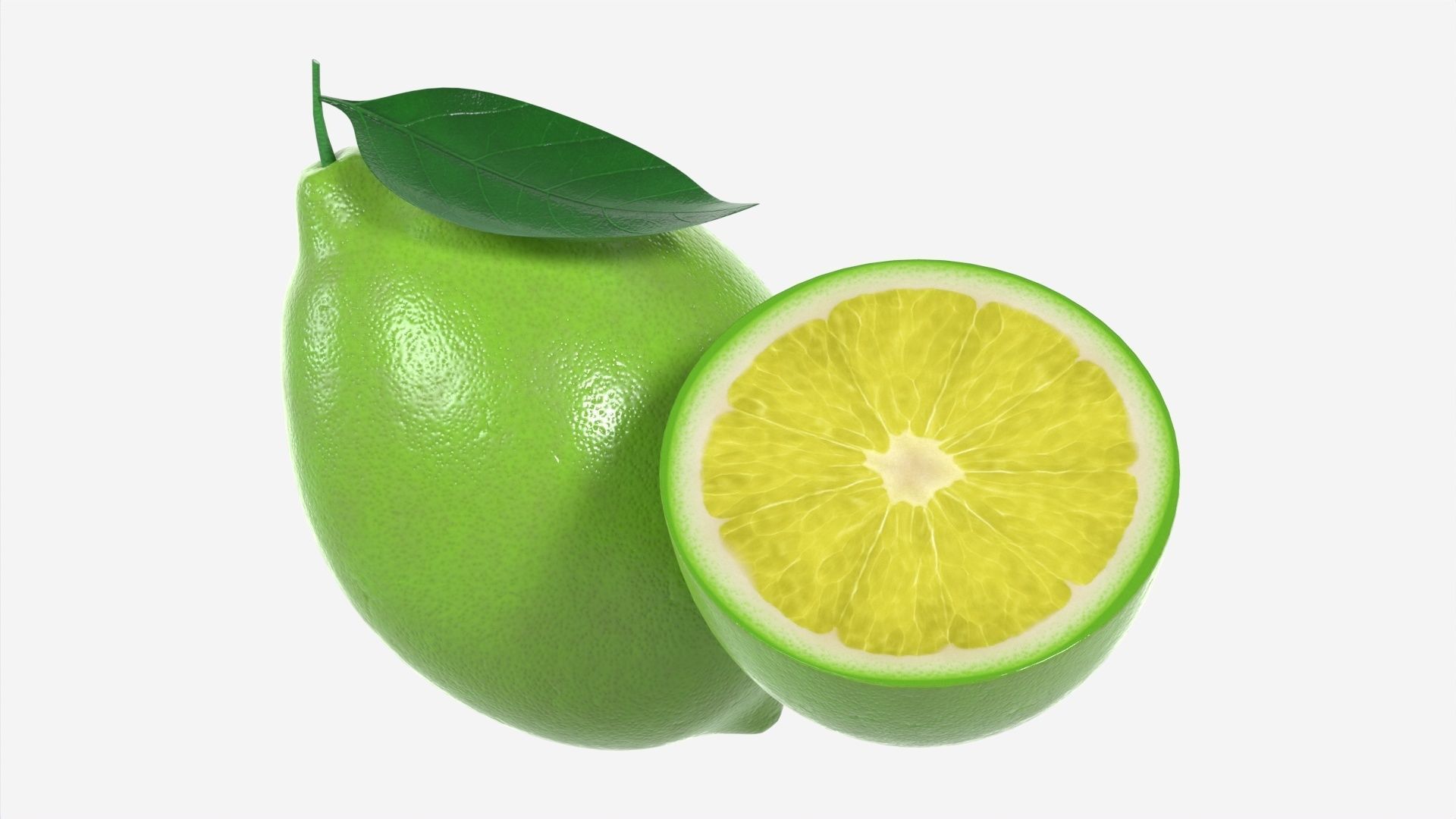 Fresh lemon with slice and leaf green 3D model_4