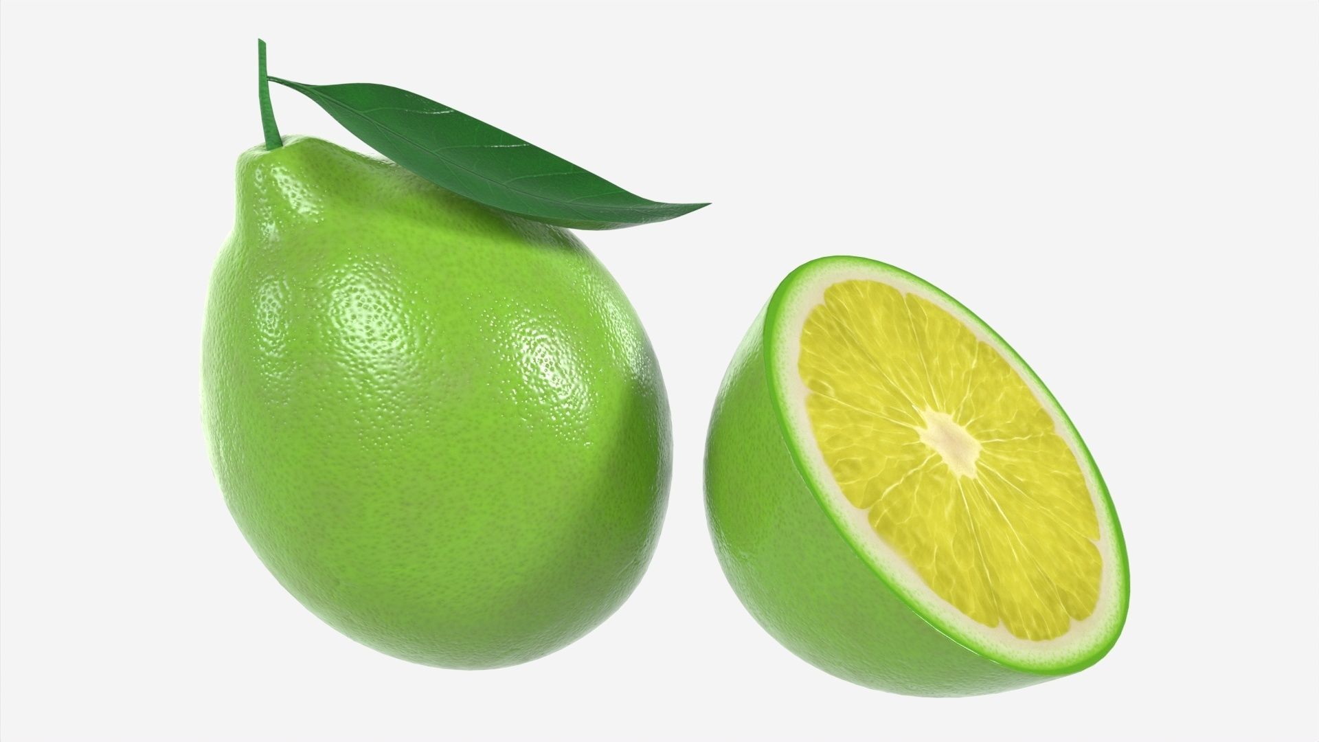 Fresh lemon with slice and leaf green 3D model_1