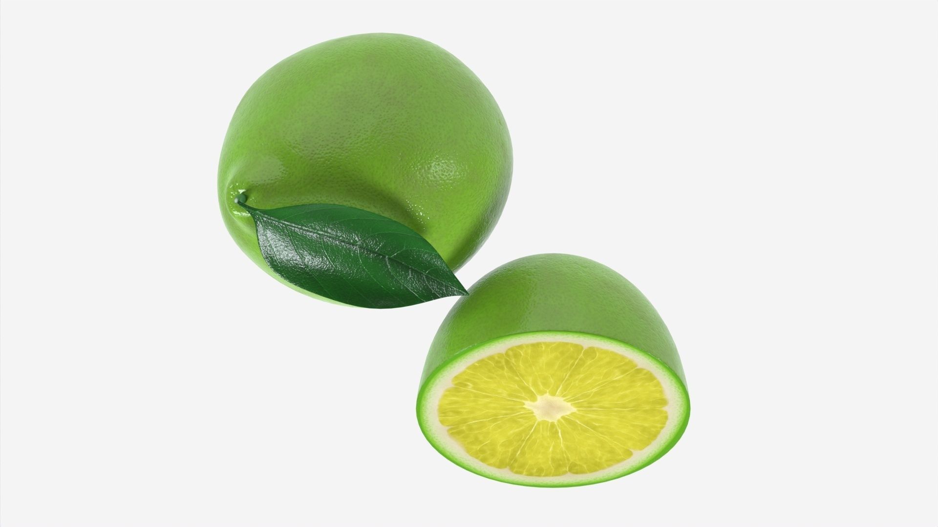 Fresh lemon with slice and leaf green 3D model_5