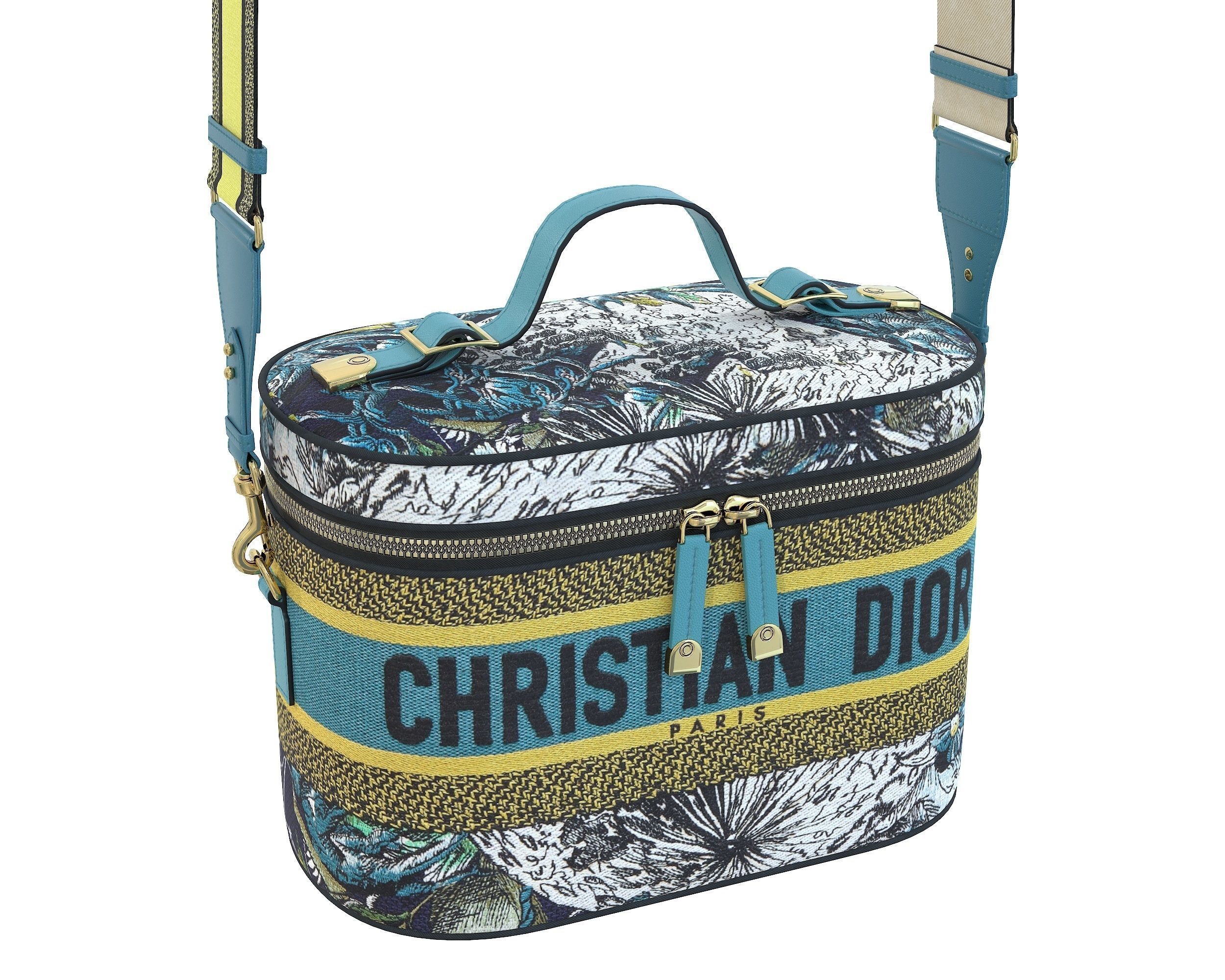 Dior DiorTravel Vanity Case Bag Blue Yellow Fabric Low-poly 3D model_5