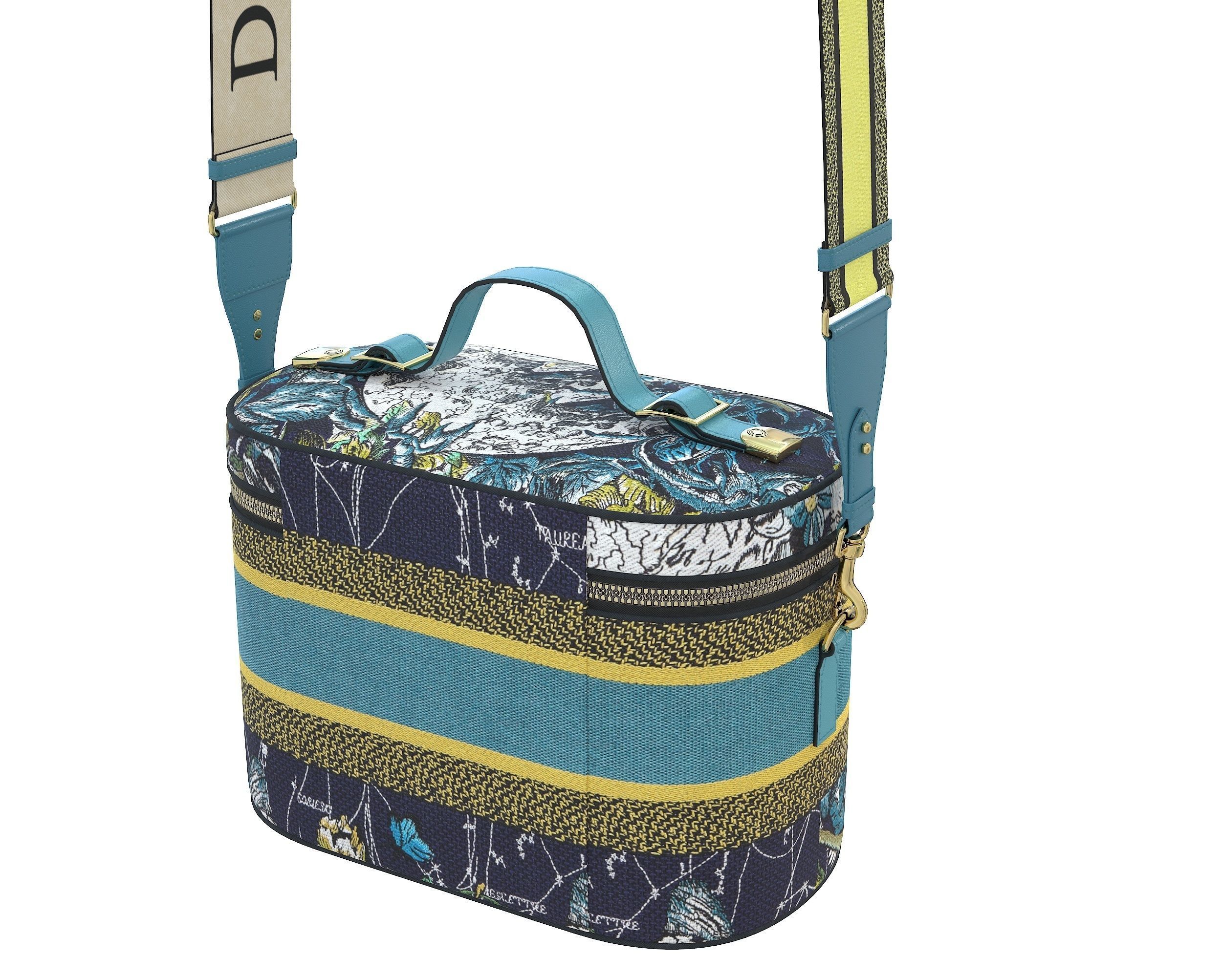 Dior DiorTravel Vanity Case Bag Blue Yellow Fabric Low-poly 3D model_6