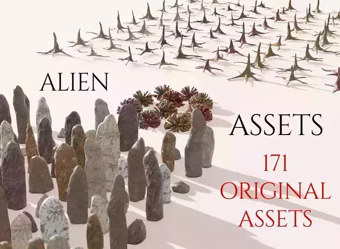 Alien Extraterrestrial Assets 171 3D Models Rocks Plants Stumps Low-poly 3D model