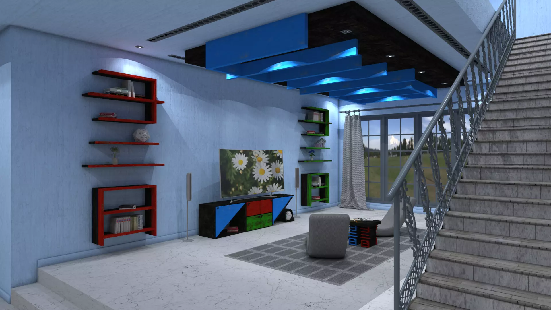 Bookcase area with chaise lounge chair 3D model