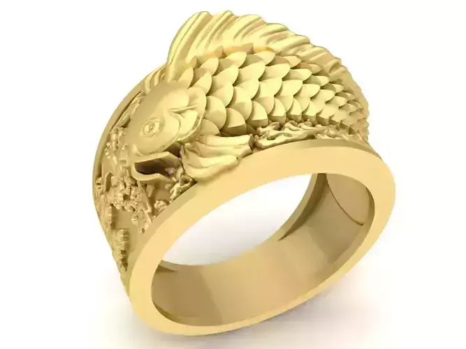Carved Koi Dragon Men Ring  3656