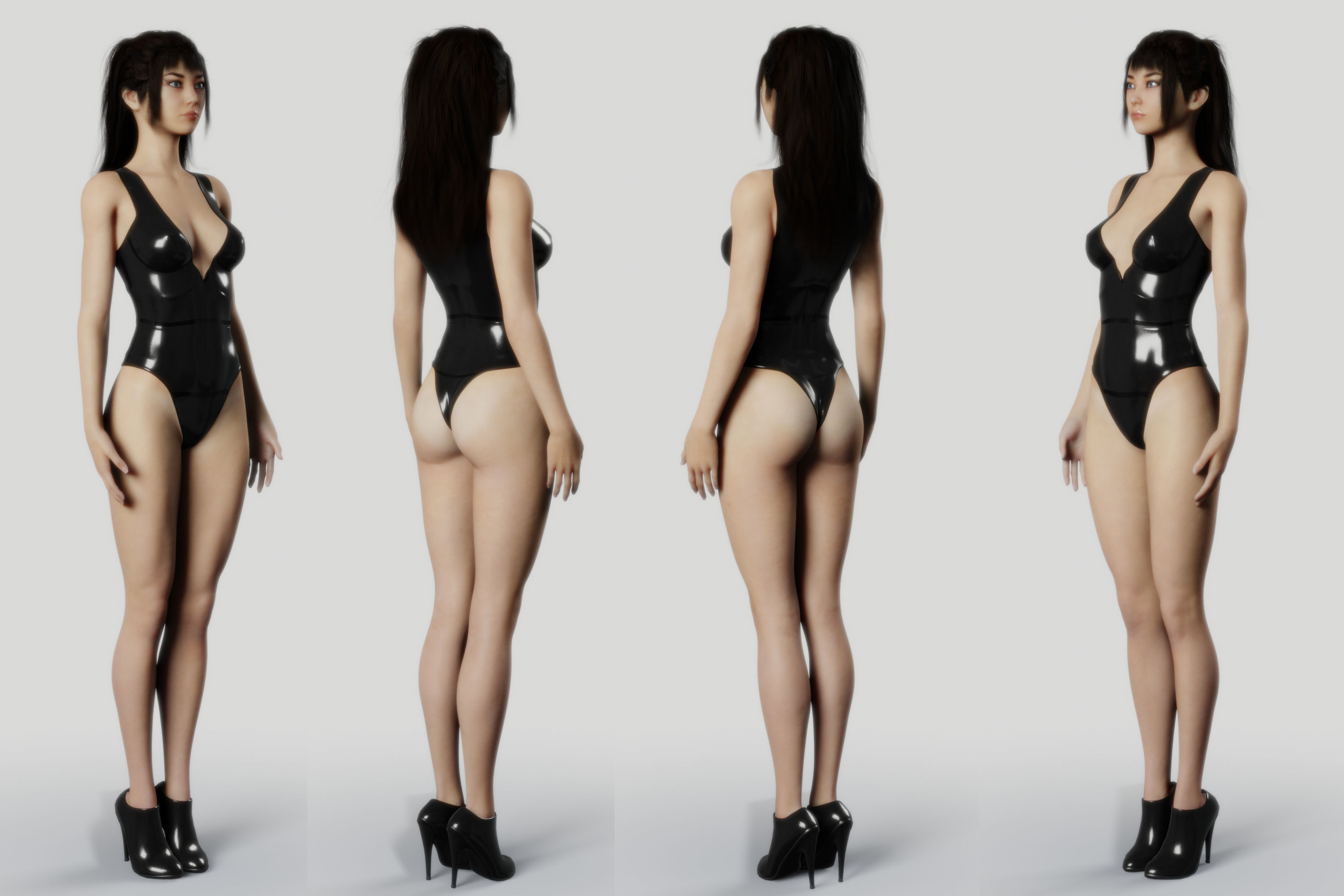 Long Haired Asian Brunette Woman Wearing Leather Suit 3D model_5