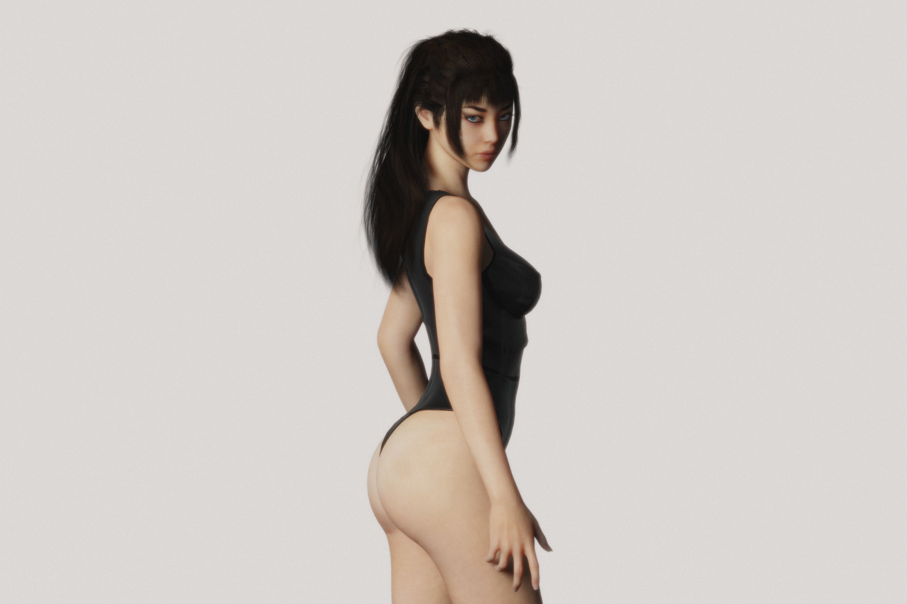 Long Haired Asian Brunette Woman Wearing Leather Suit 3D model_11