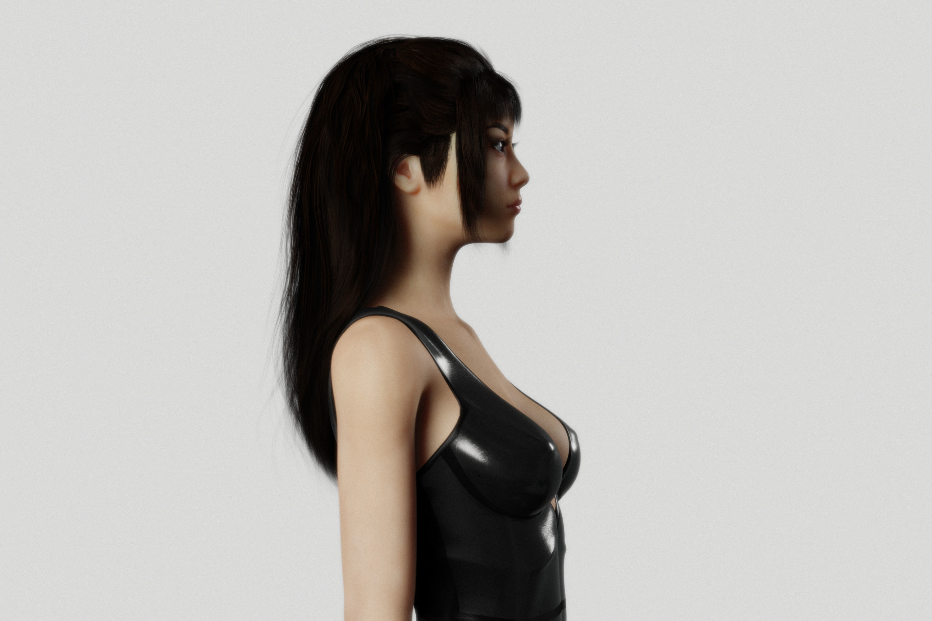 Long Haired Asian Brunette Woman Wearing Leather Suit 3D model_3
