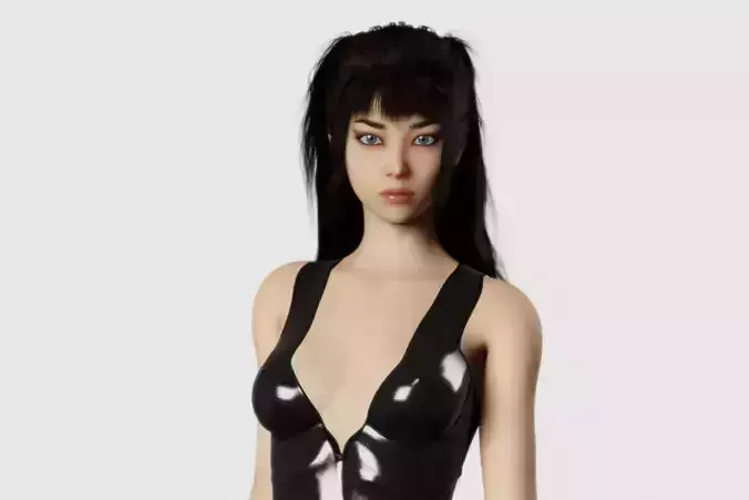 Long Haired Asian Brunette Woman Wearing Leather Suit 3D model