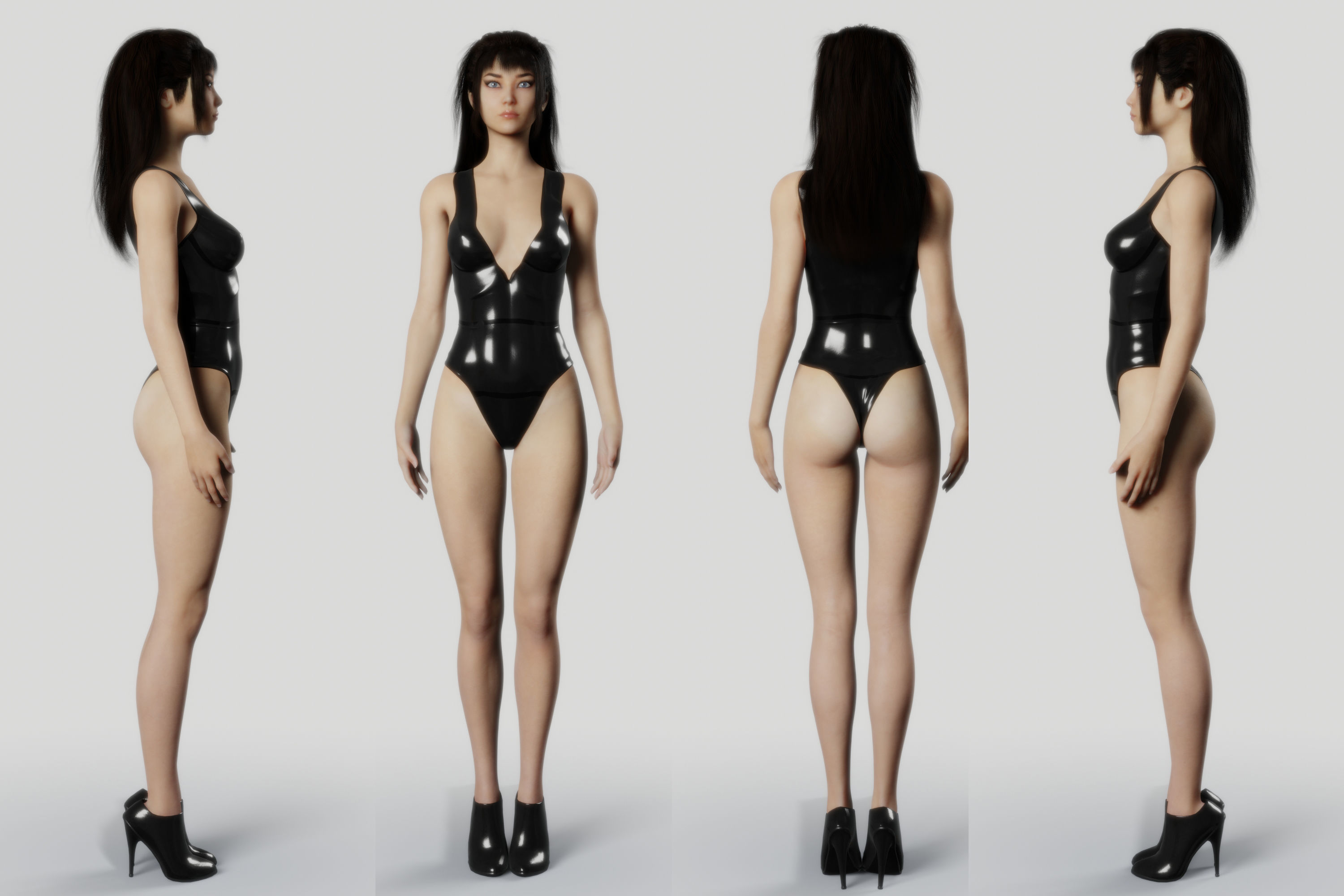Long Haired Asian Brunette Woman Wearing Leather Suit 3D model_6