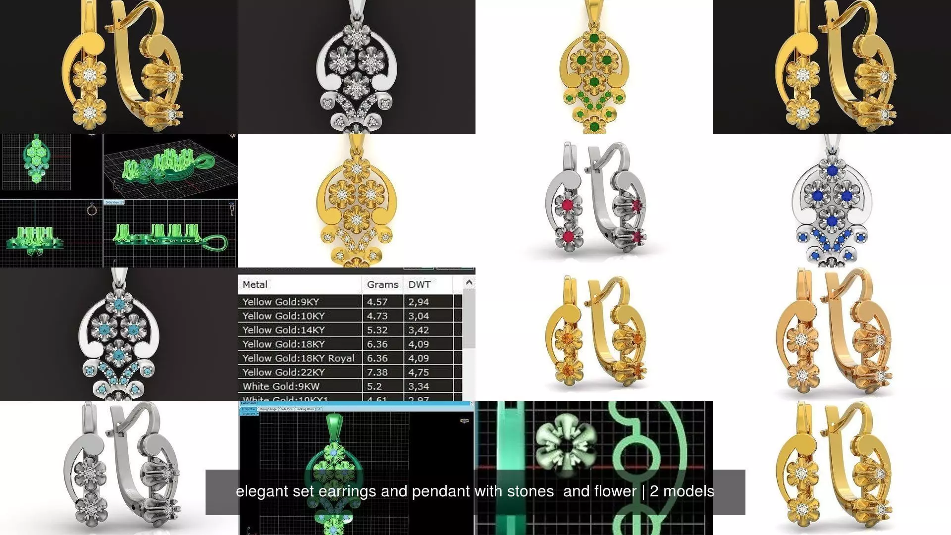elegant set earrings and pendant with stones  and flower 3D Model Collection_1
