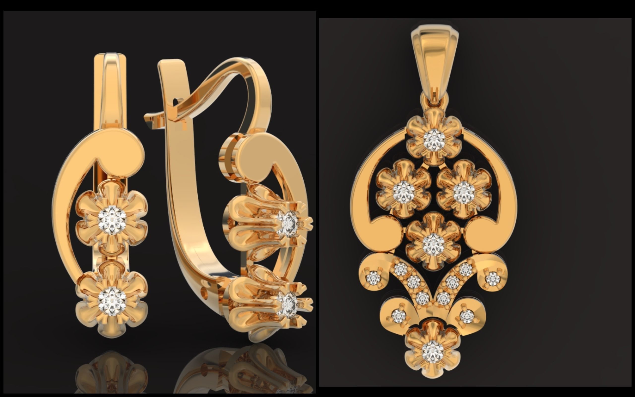 elegant set earrings and pendant with stones  and flower 3D Model Collection_38