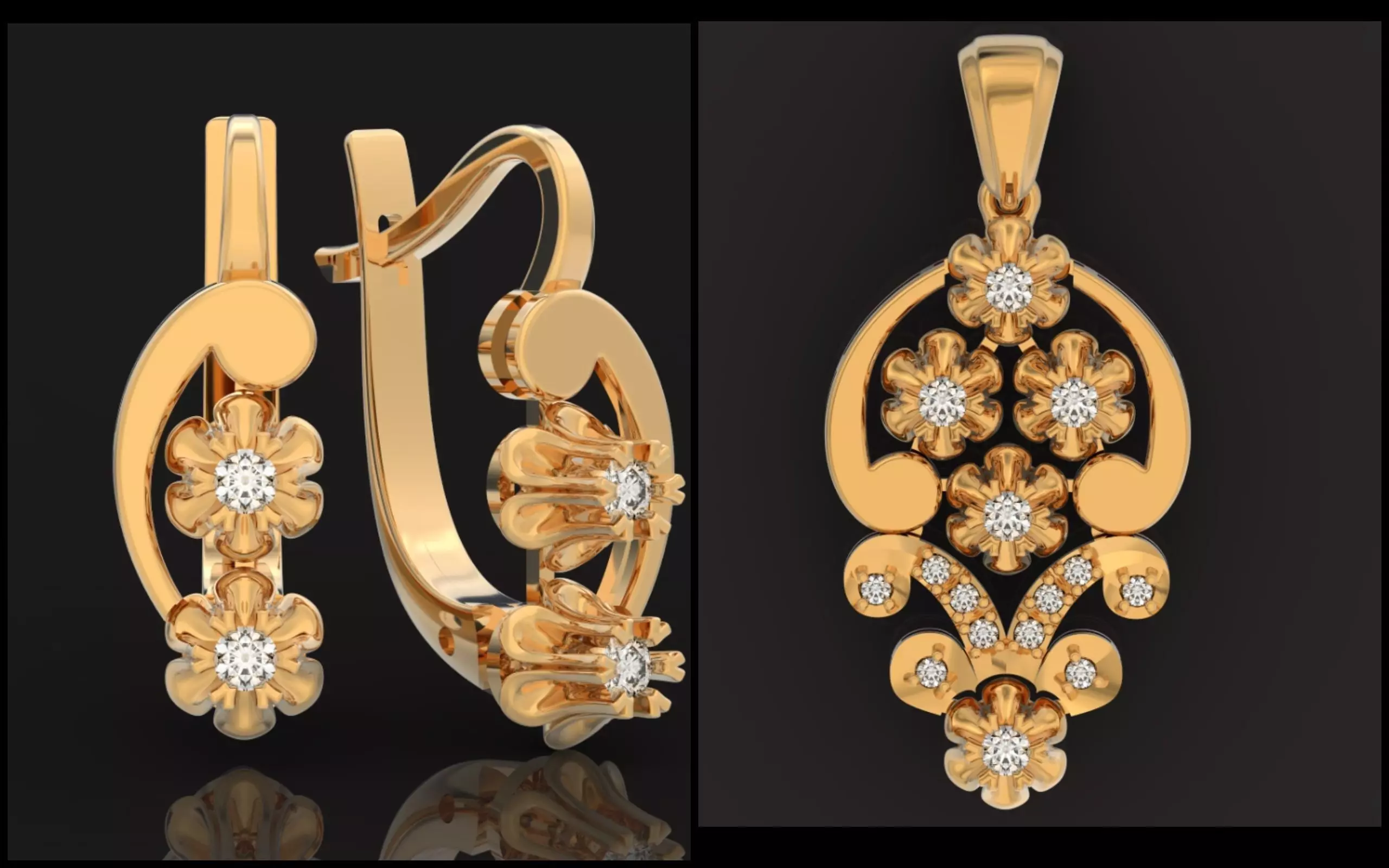 elegant set earrings and pendant with stones  and flower 3D Model Collection_0