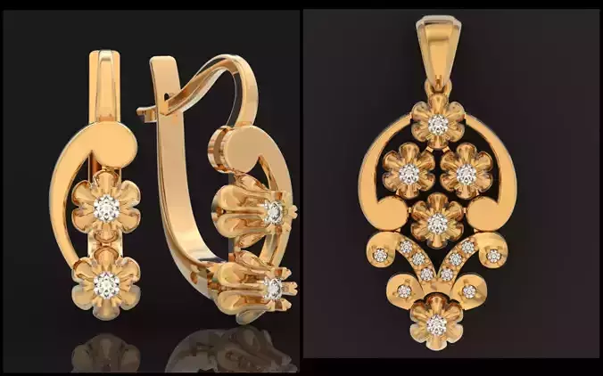elegant set earrings and pendant with stones  and flower