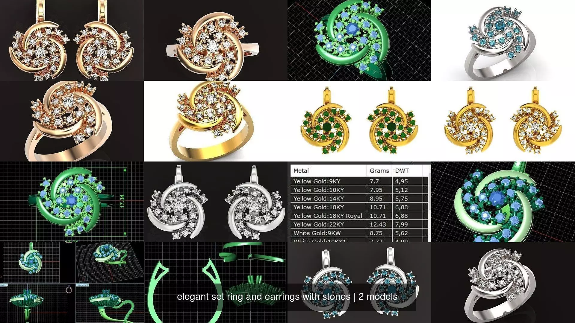 elegant set ring and earrings with stones 3D Model Collection_1