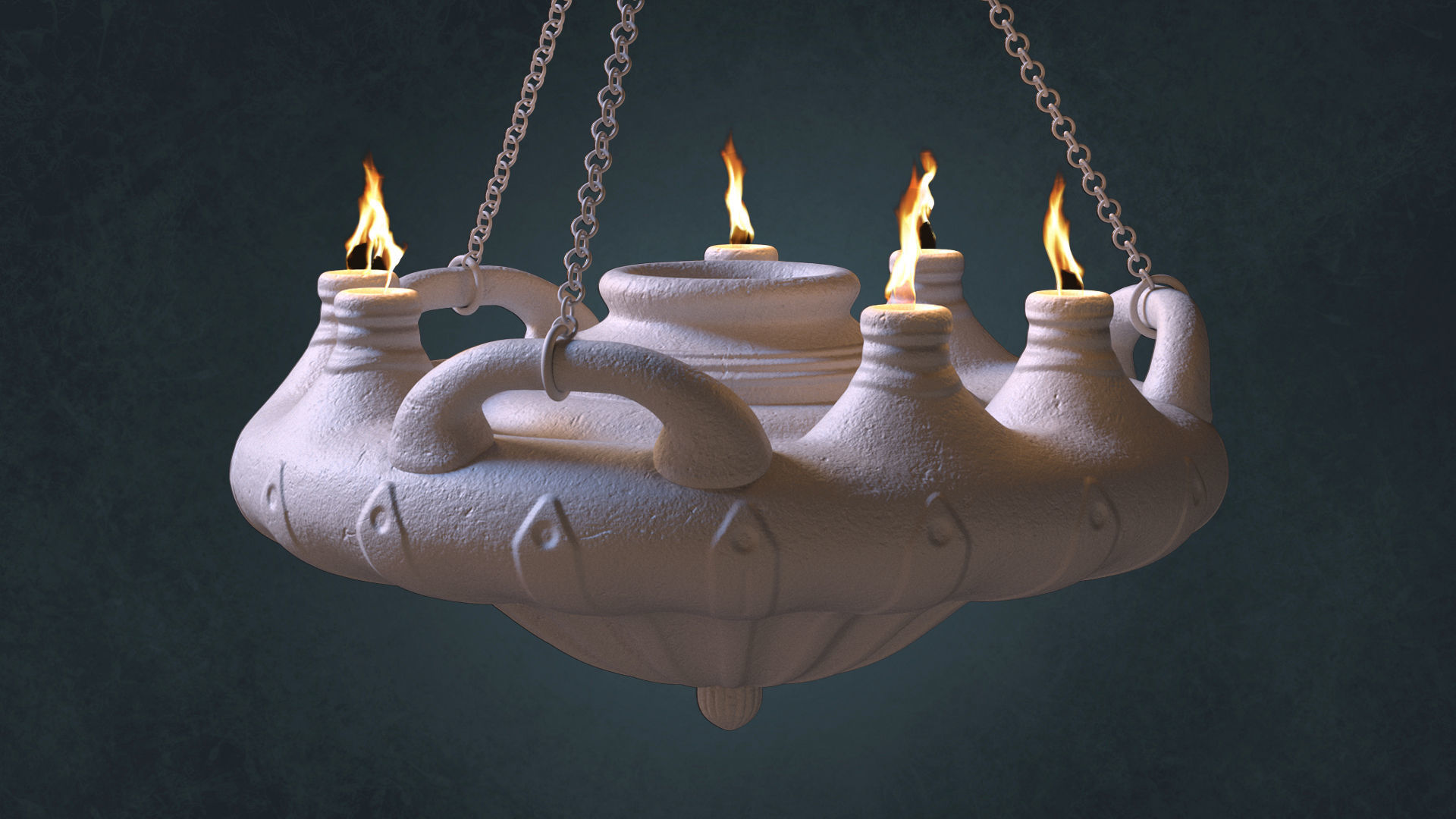 Big Ancient Oil Lamp Six Flames Low-poly 3D model_1