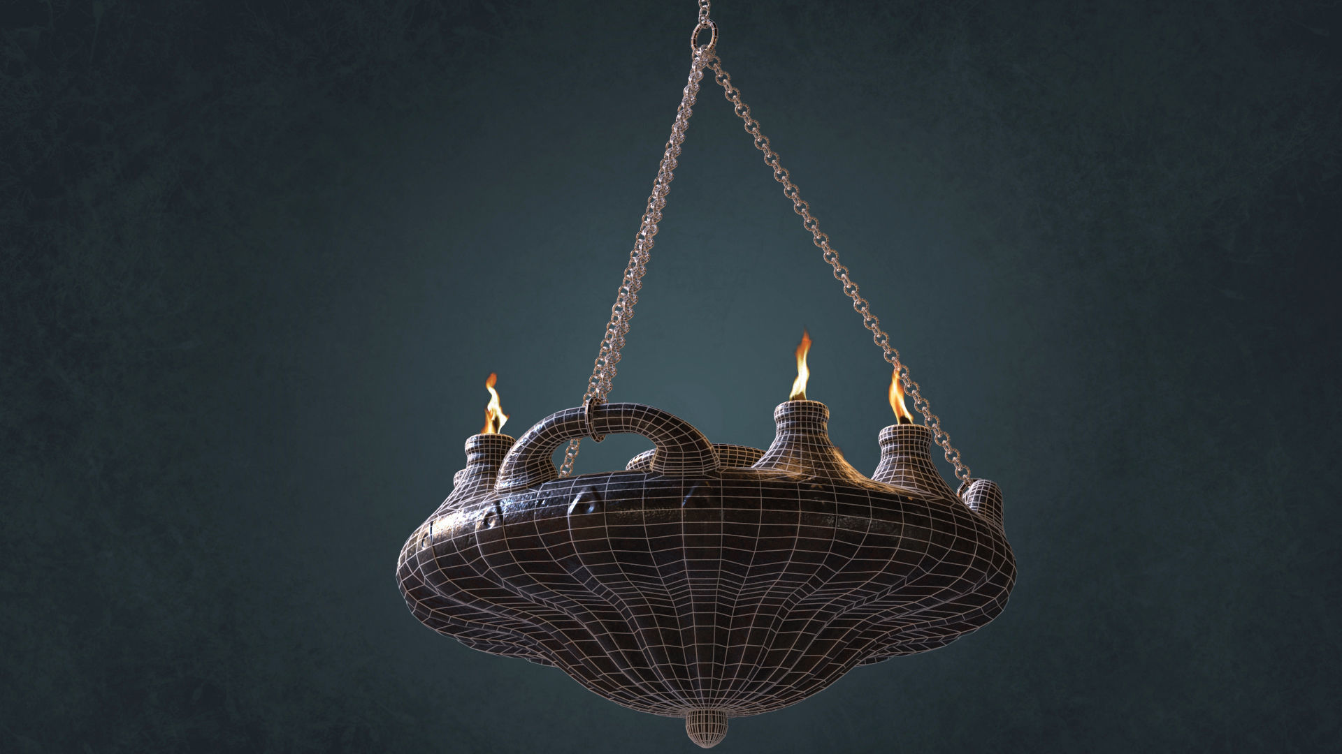 Big Ancient Oil Lamp Six Flames Low-poly 3D model_8