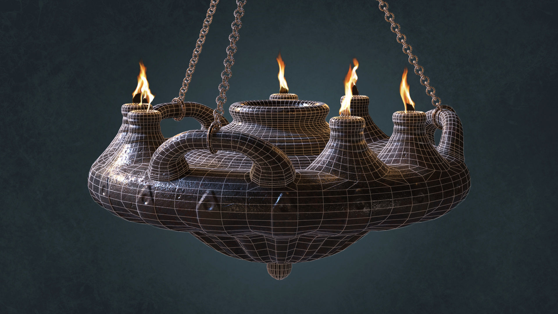 Big Ancient Oil Lamp Six Flames Low-poly 3D model_2