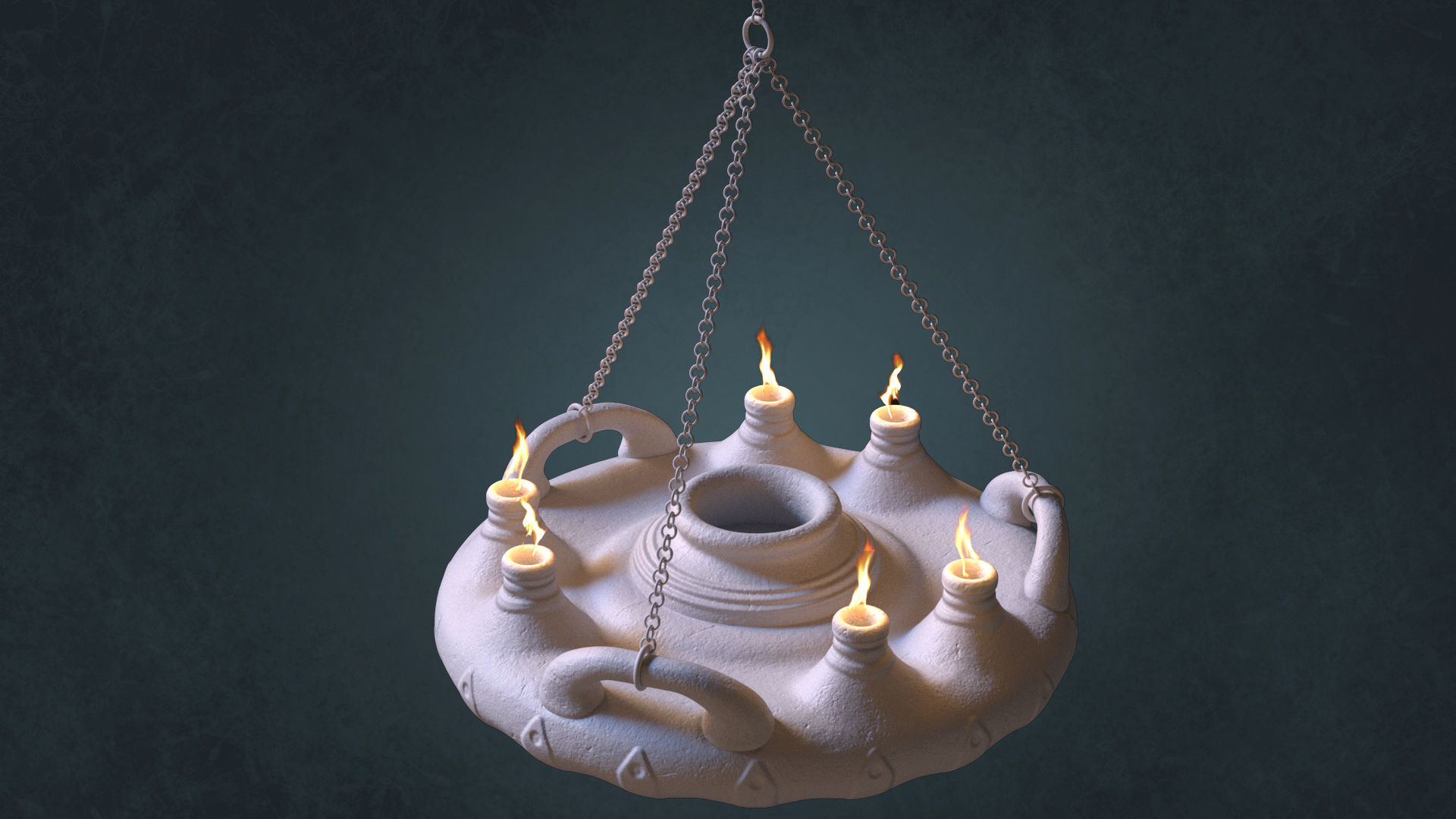 Big Ancient Oil Lamp Six Flames Low-poly 3D model_4