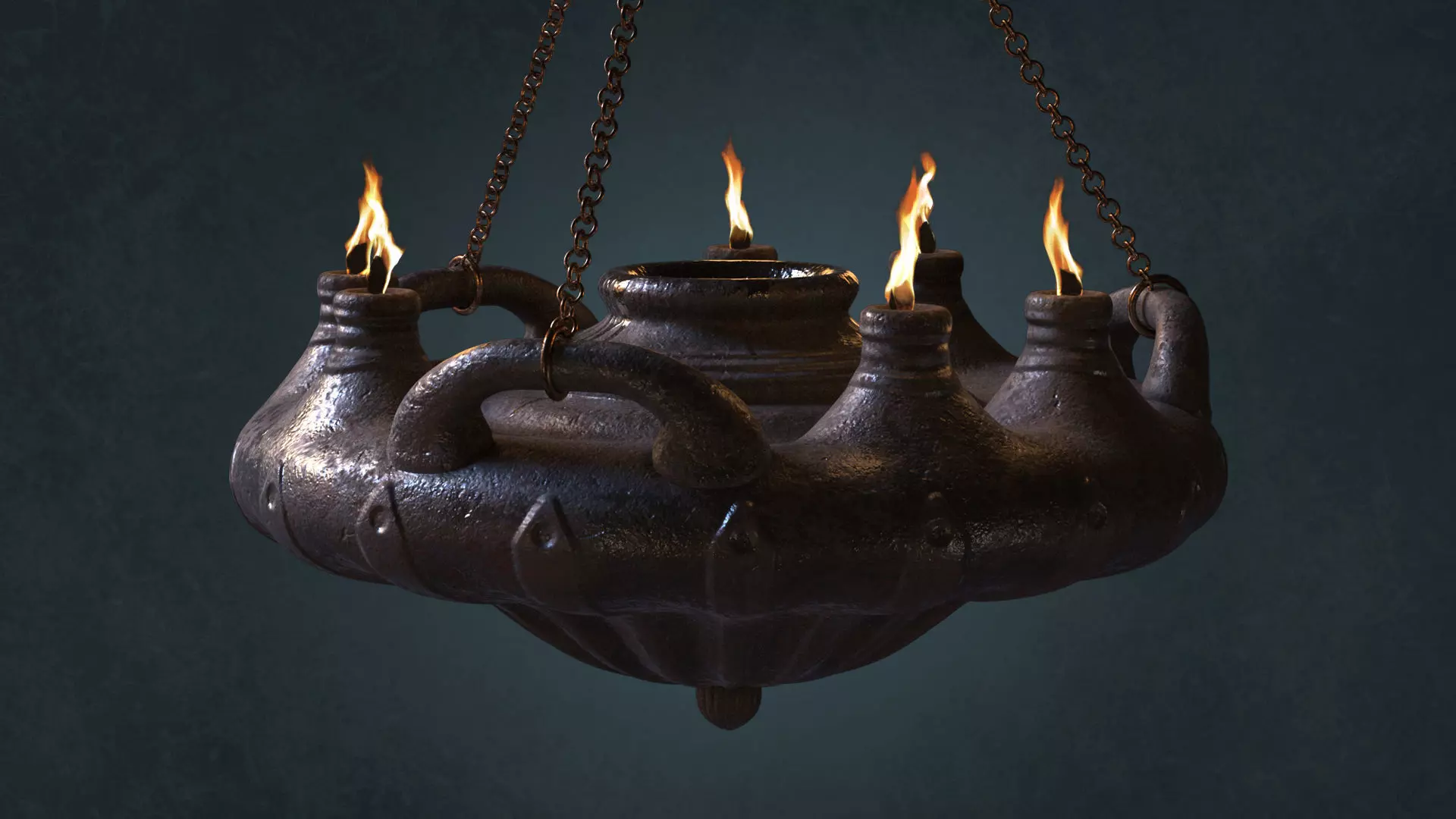 Big Ancient Oil Lamp Six Flames Low-poly 3D model_0