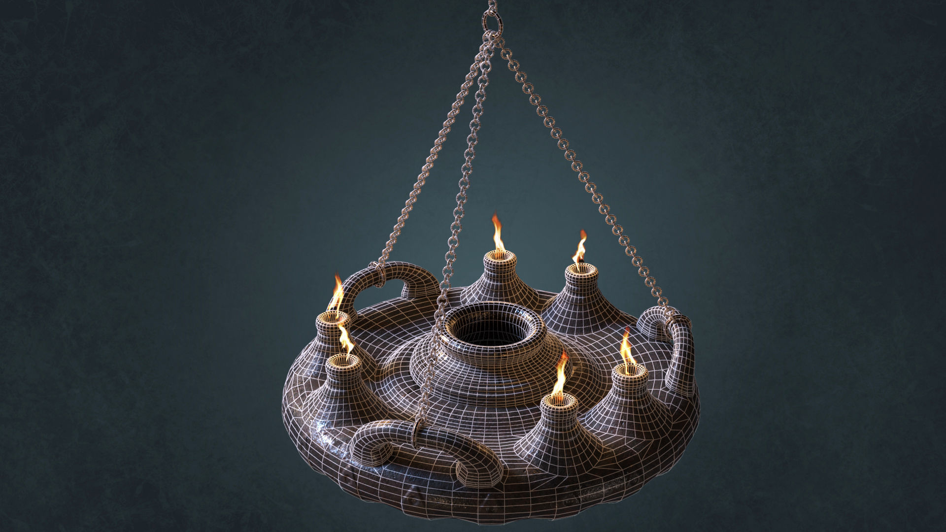Big Ancient Oil Lamp Six Flames Low-poly 3D model_5