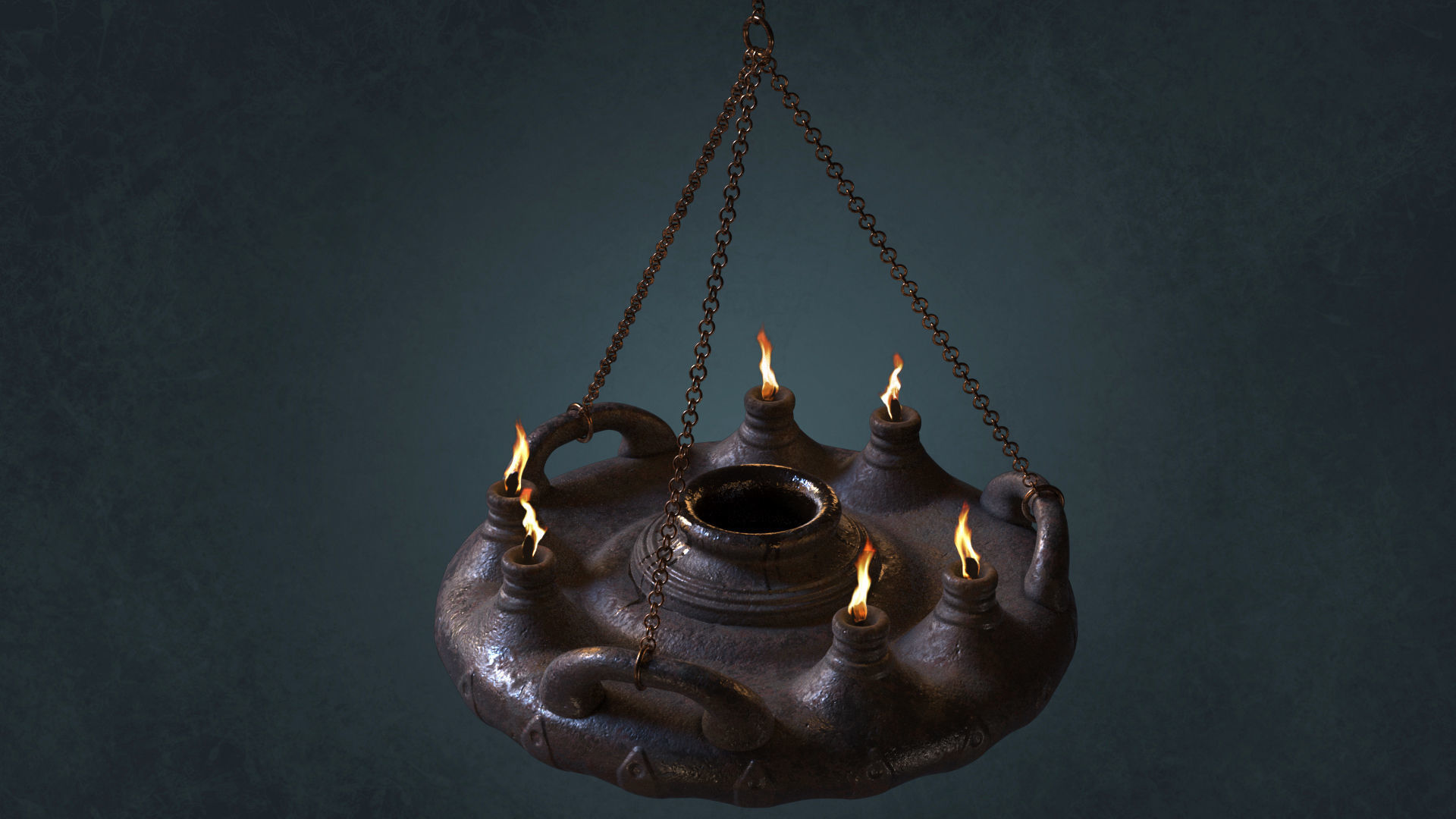 Big Ancient Oil Lamp Six Flames Low-poly 3D model_3