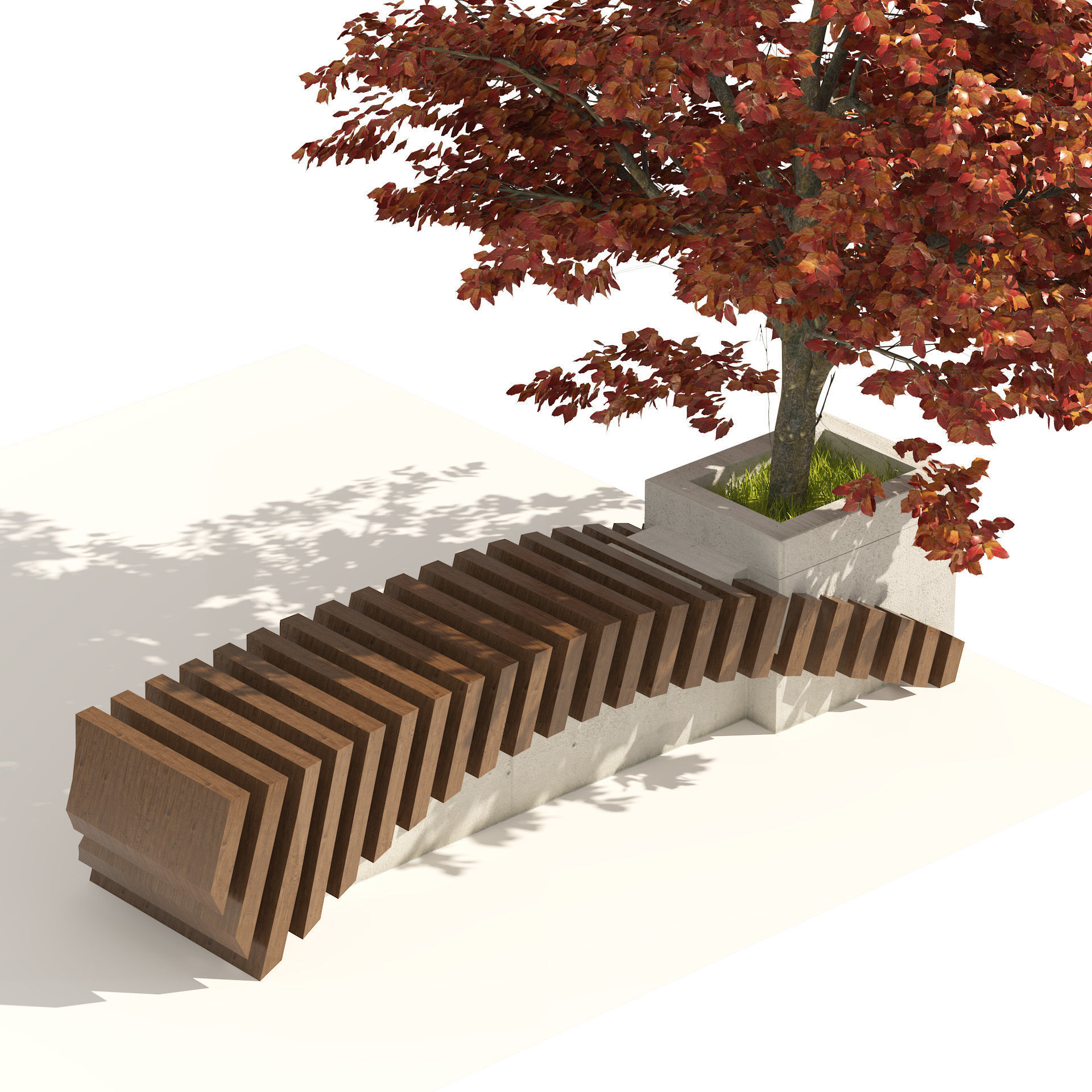 Bench with Kousa Dogwood Tree Low-poly 3D model_4