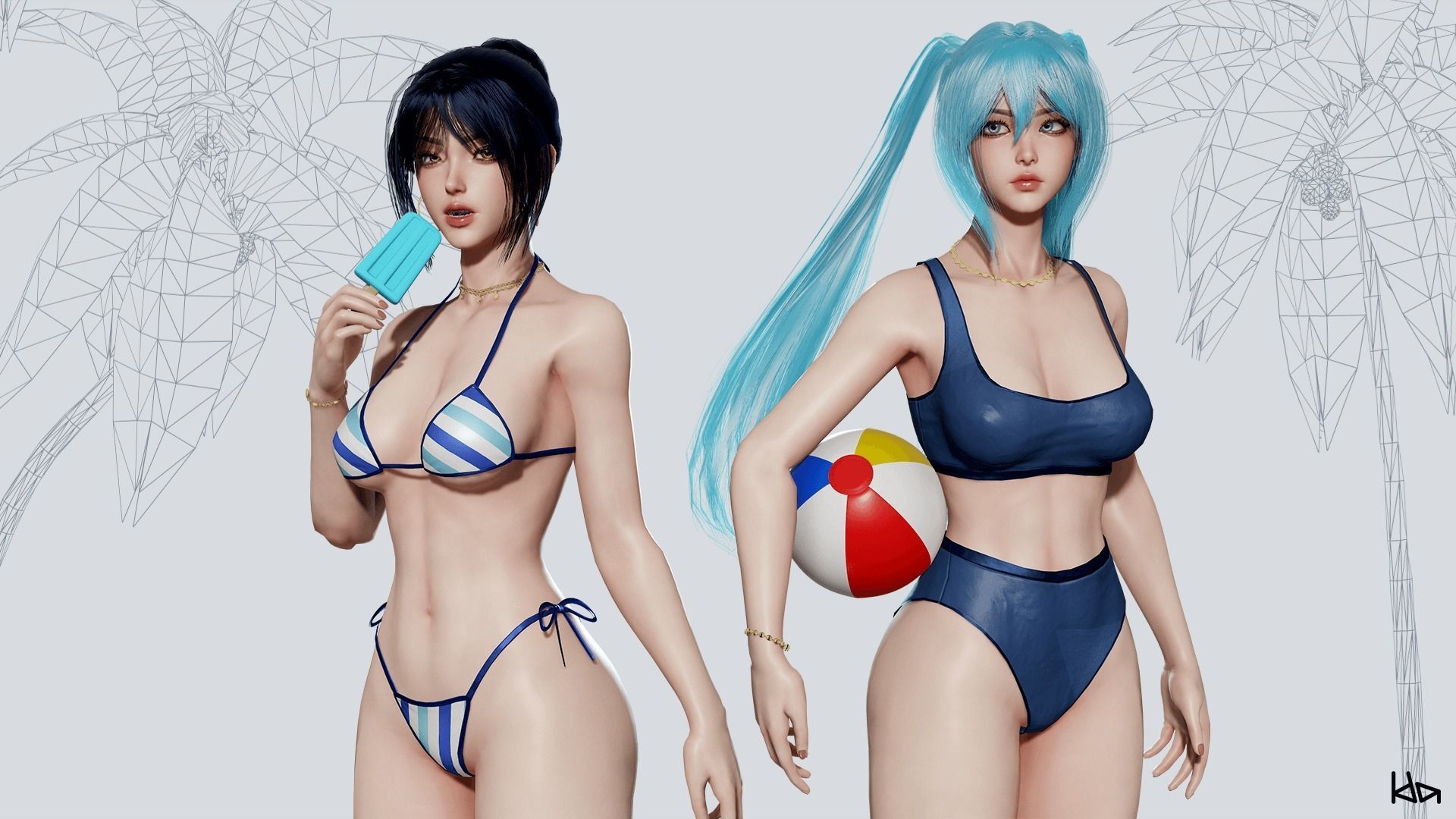 Beach Girls - Game Ready Low-poly 3D model_13