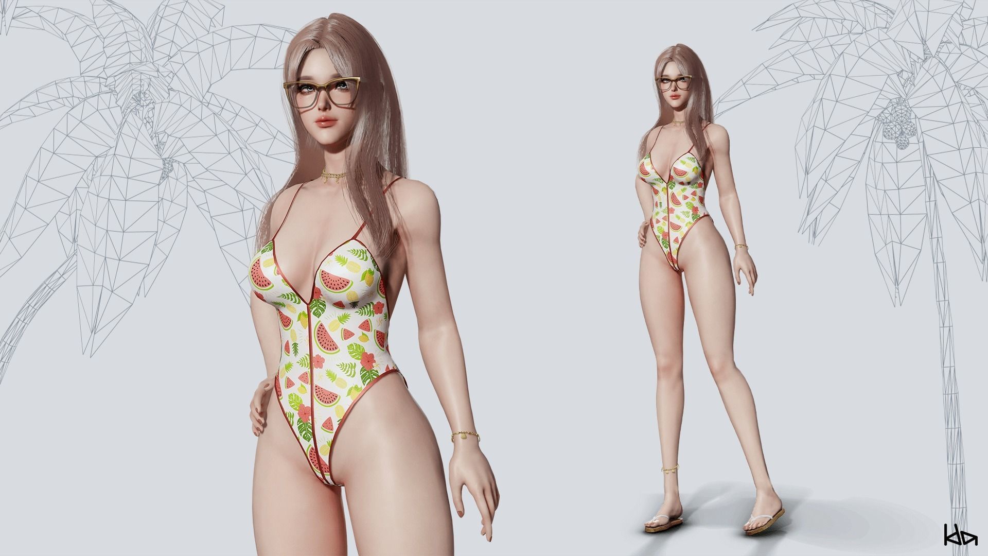 Beach Girls - Game Ready Low-poly 3D model_21