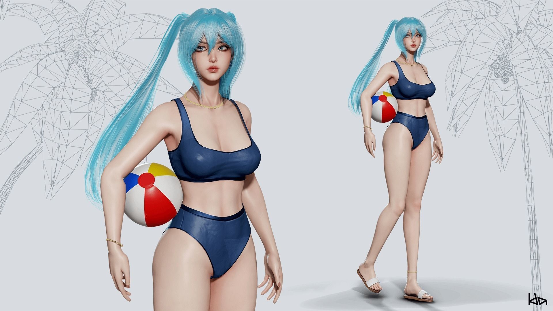 Beach Girls - Game Ready Low-poly 3D model_24