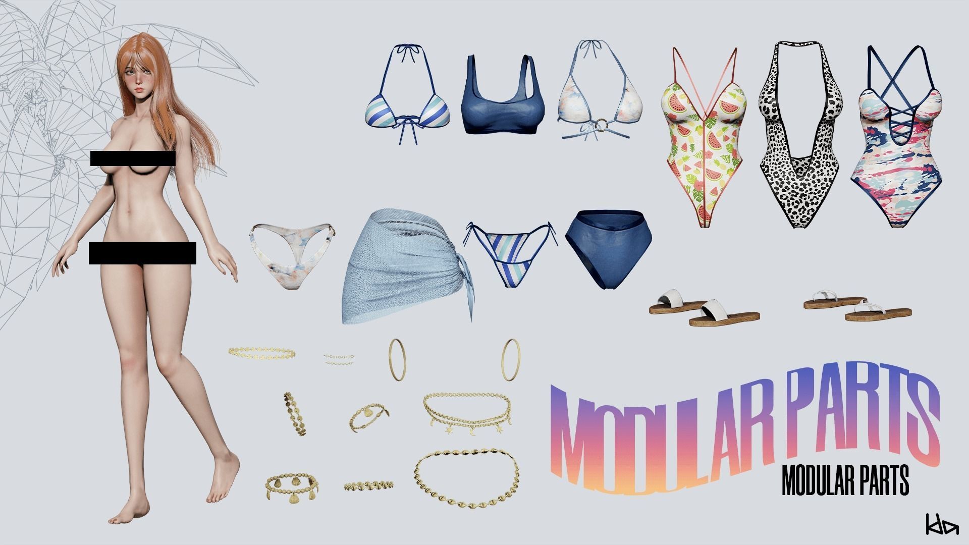 Beach Girls - Game Ready Low-poly 3D model_9