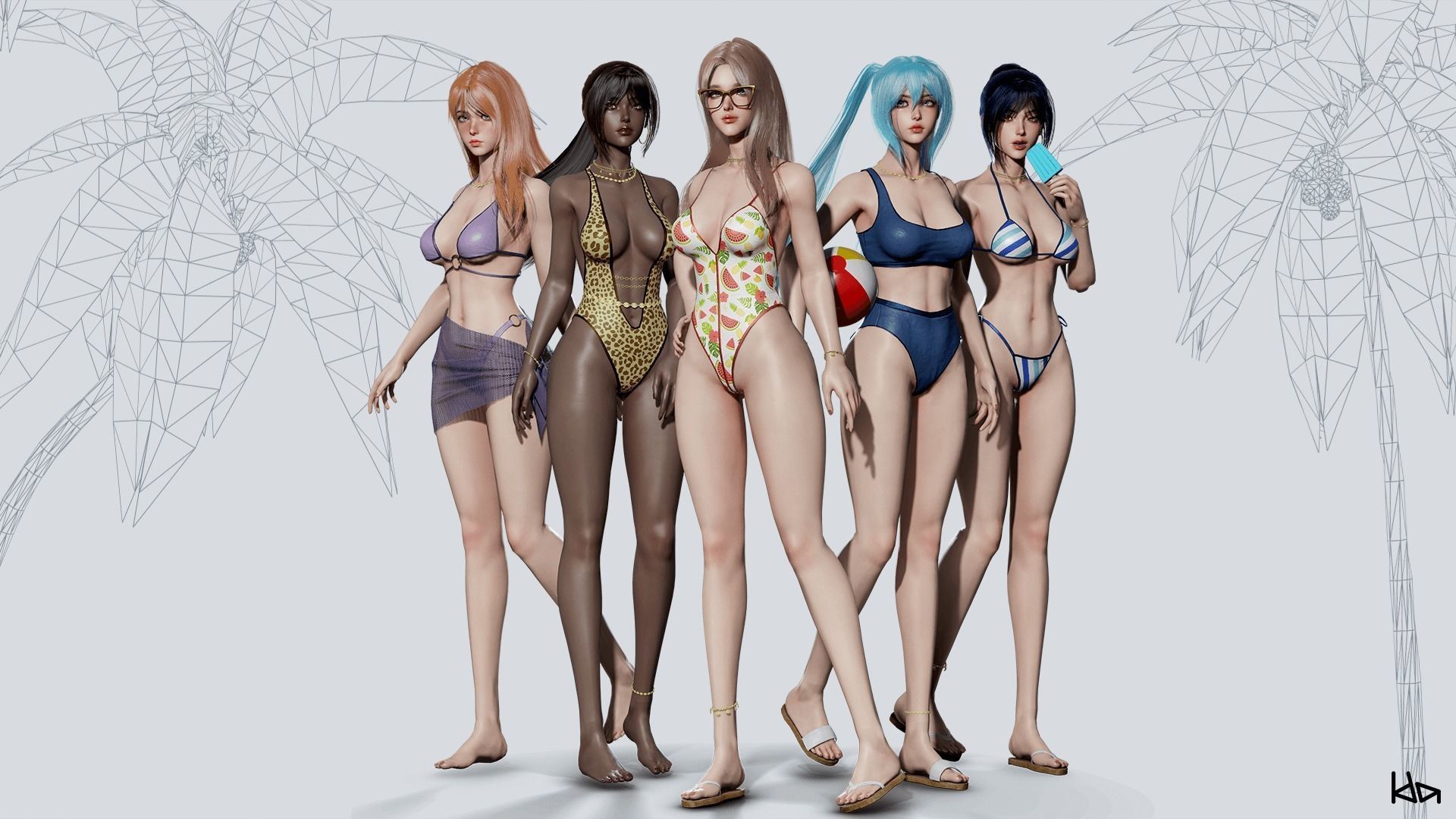 Beach Girls - Game Ready Low-poly 3D model_3