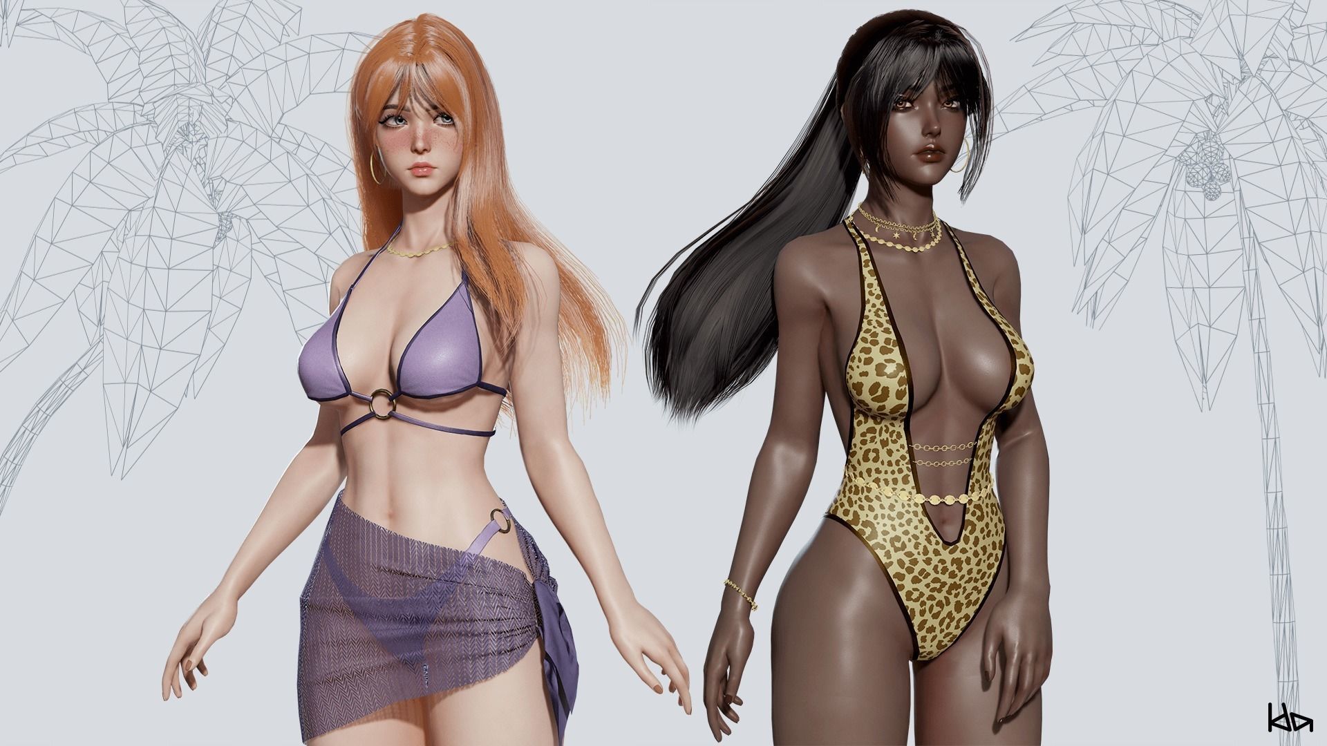 Beach Girls - Game Ready Low-poly 3D model_12