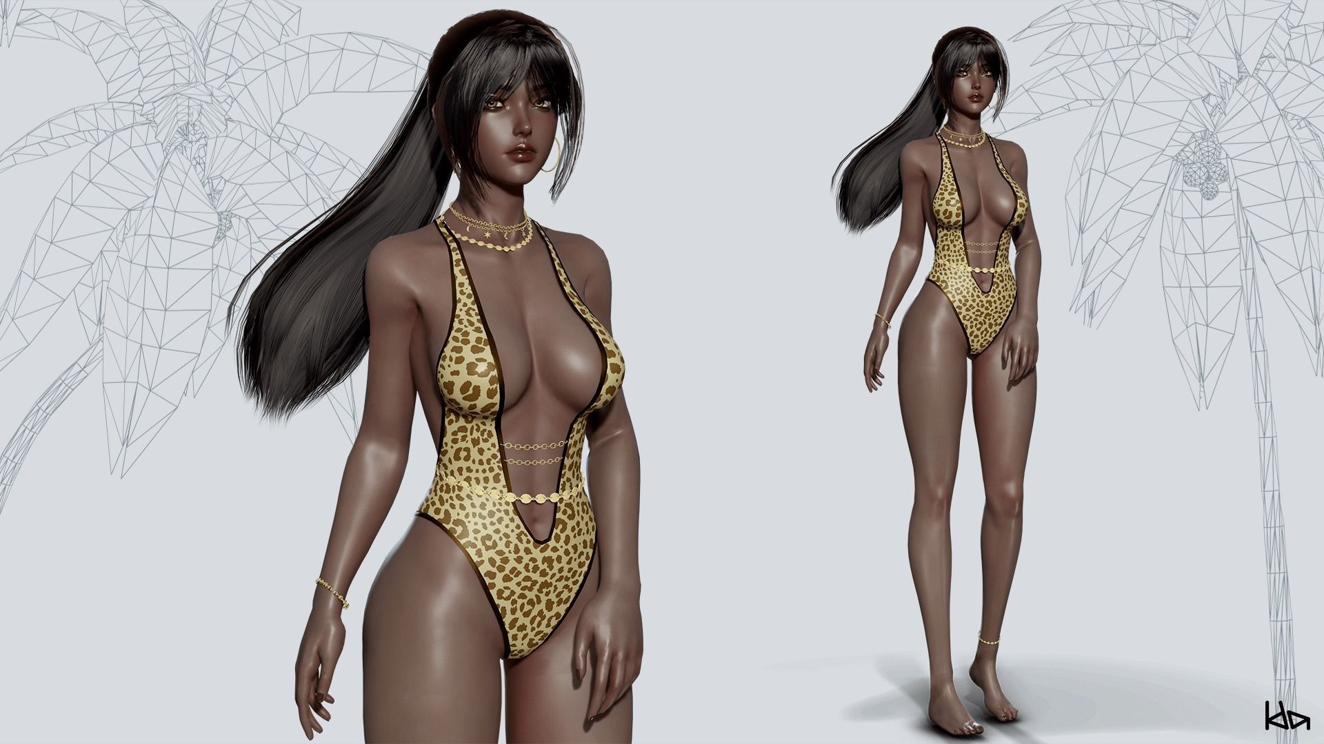 Beach Girls - Game Ready Low-poly 3D model_22