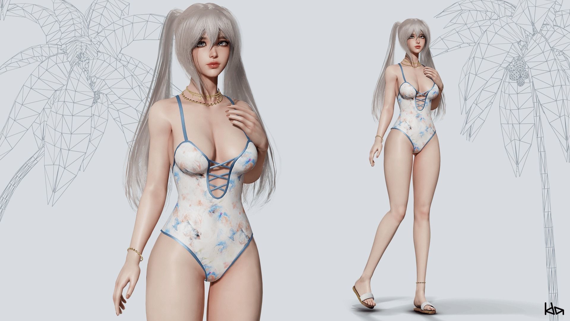 Beach Girls - Game Ready Low-poly 3D model_26