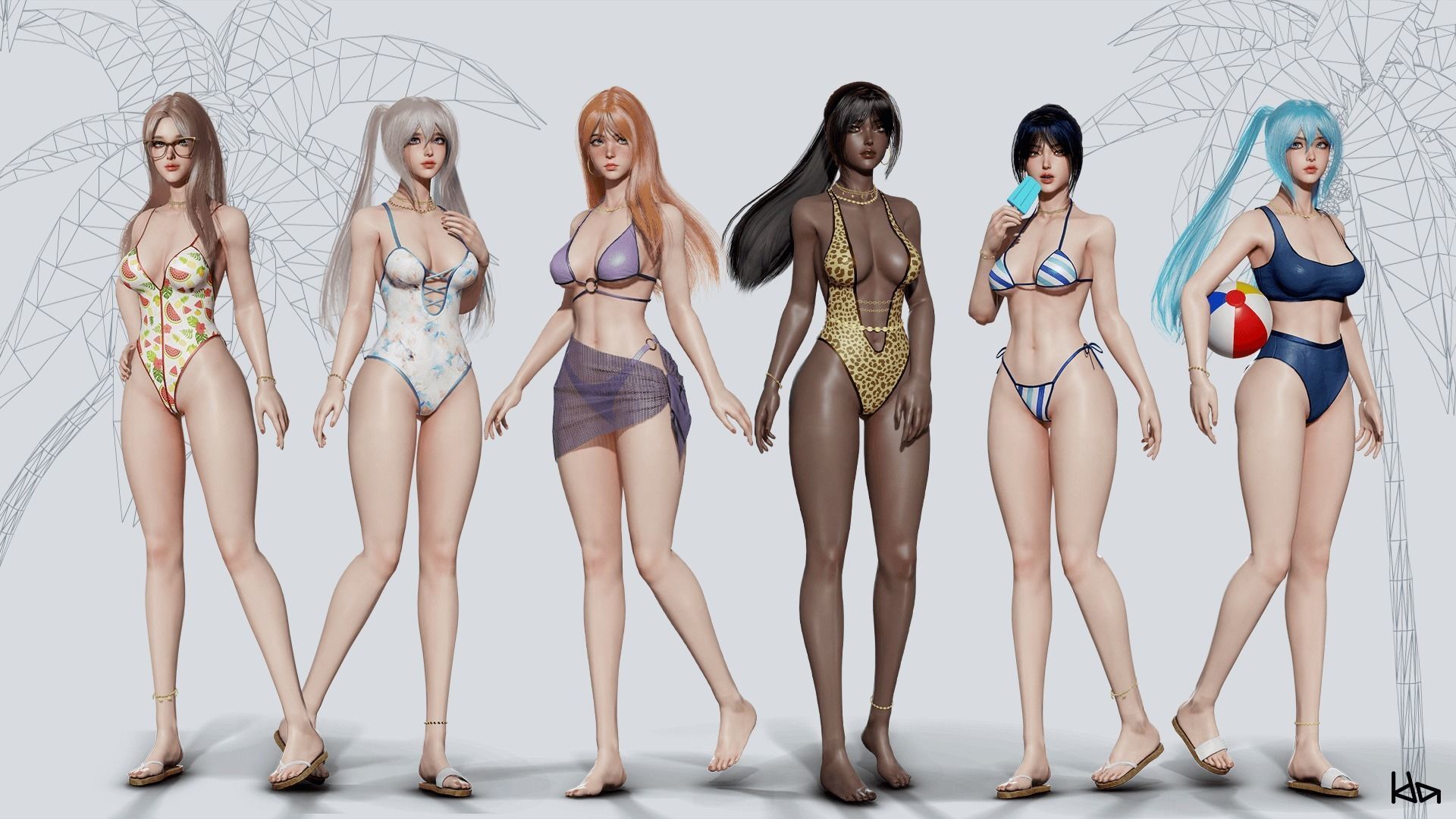 Beach Girls - Game Ready Low-poly 3D model_27