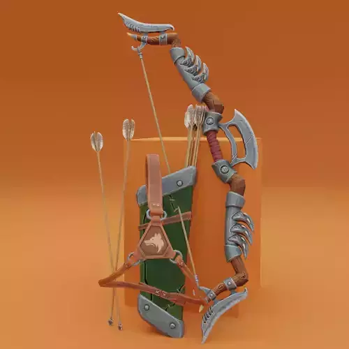 Fantasy Wooden bow with armor blades and stylized quiver Low-poly 3D model