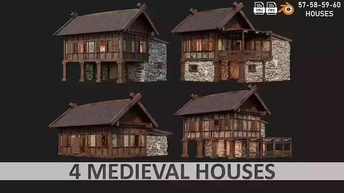 4 Old Medieval Building House Pack 4K Tex GameReady 57 to 60