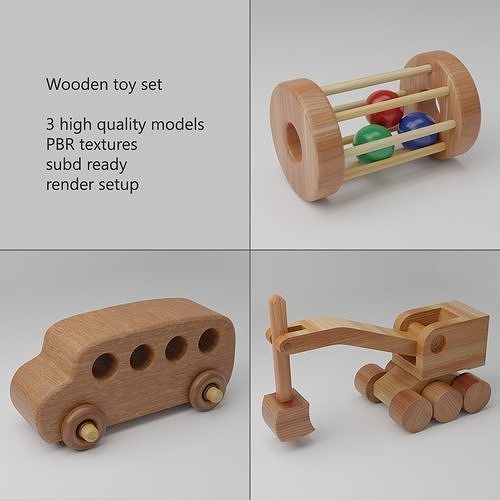 Wooden toy set PBR Low-poly 3D model