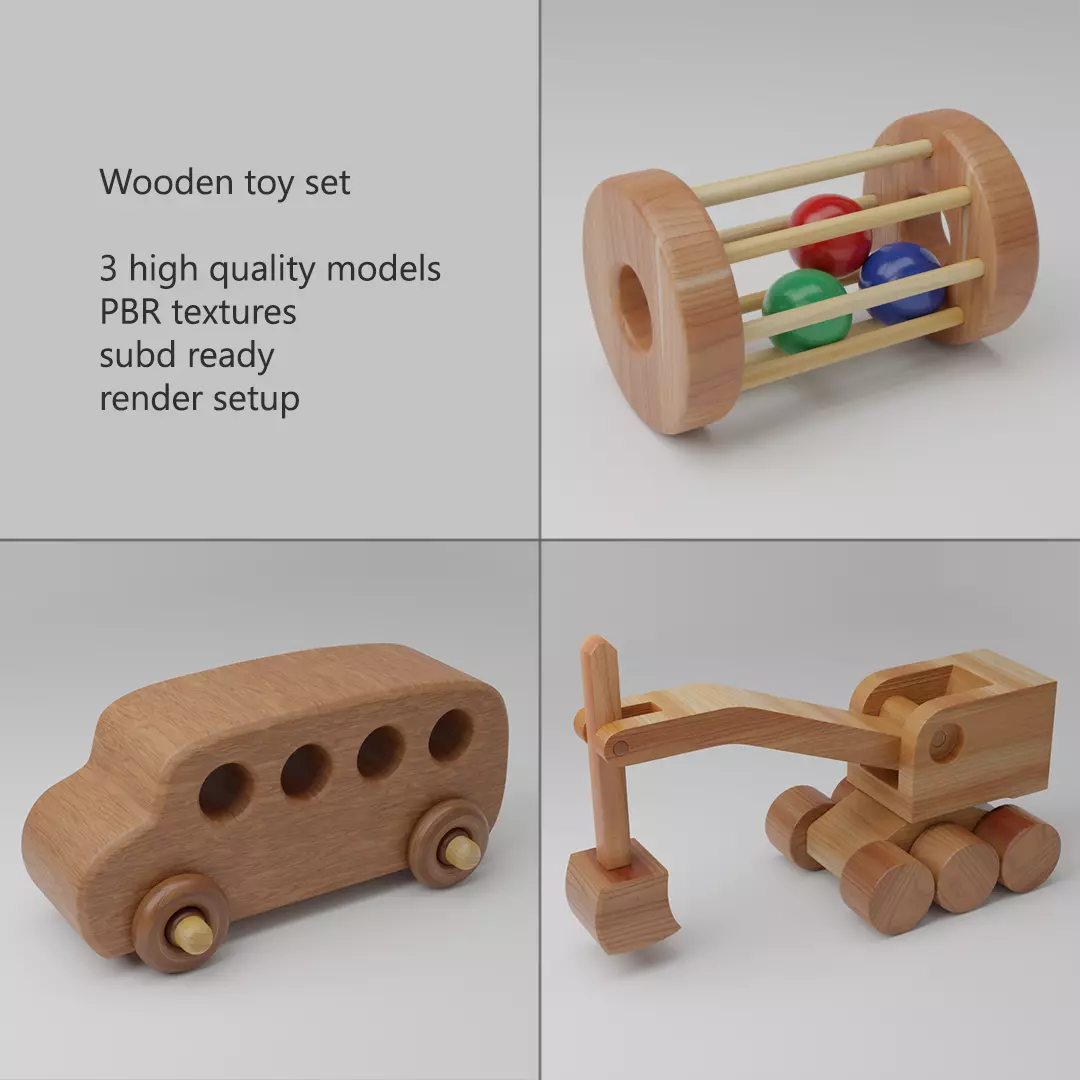 Wooden toy set PBR Low-poly 3D model_0