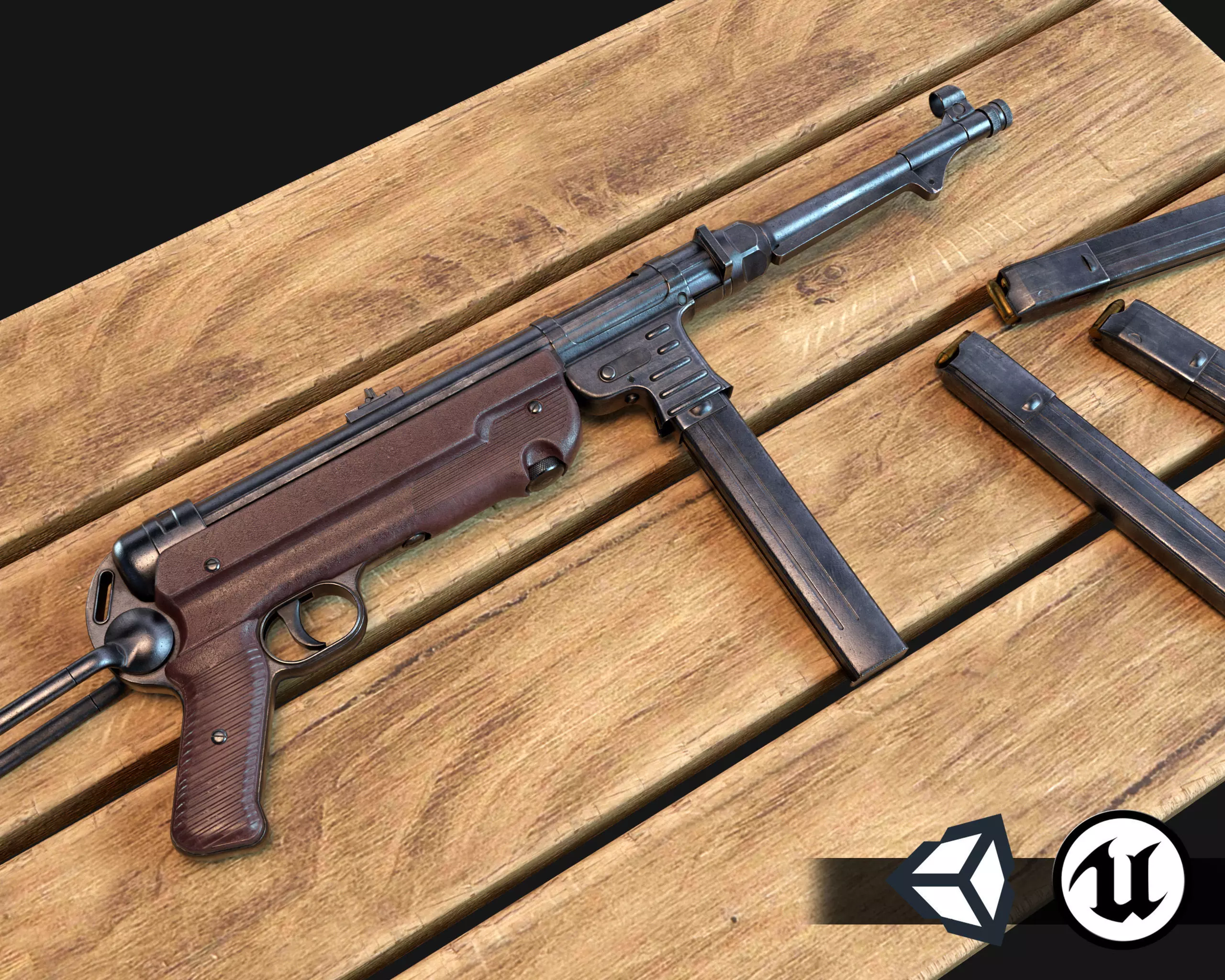 World War II - MP40 Submachine Gun - PBR and Game Ready Low-poly 3D model_0