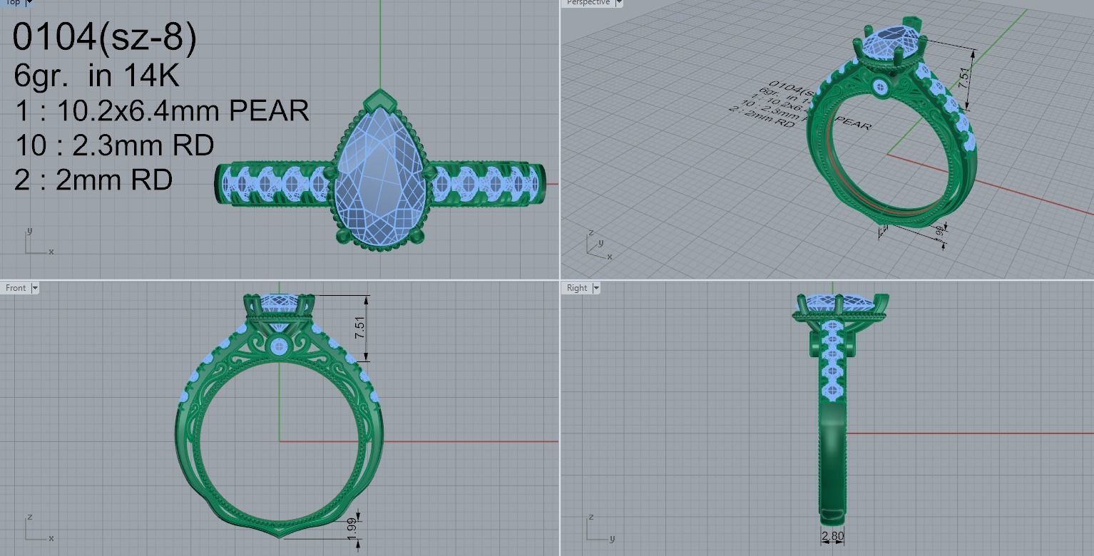 pear stone ring with diamonds 0104 3D print model_4